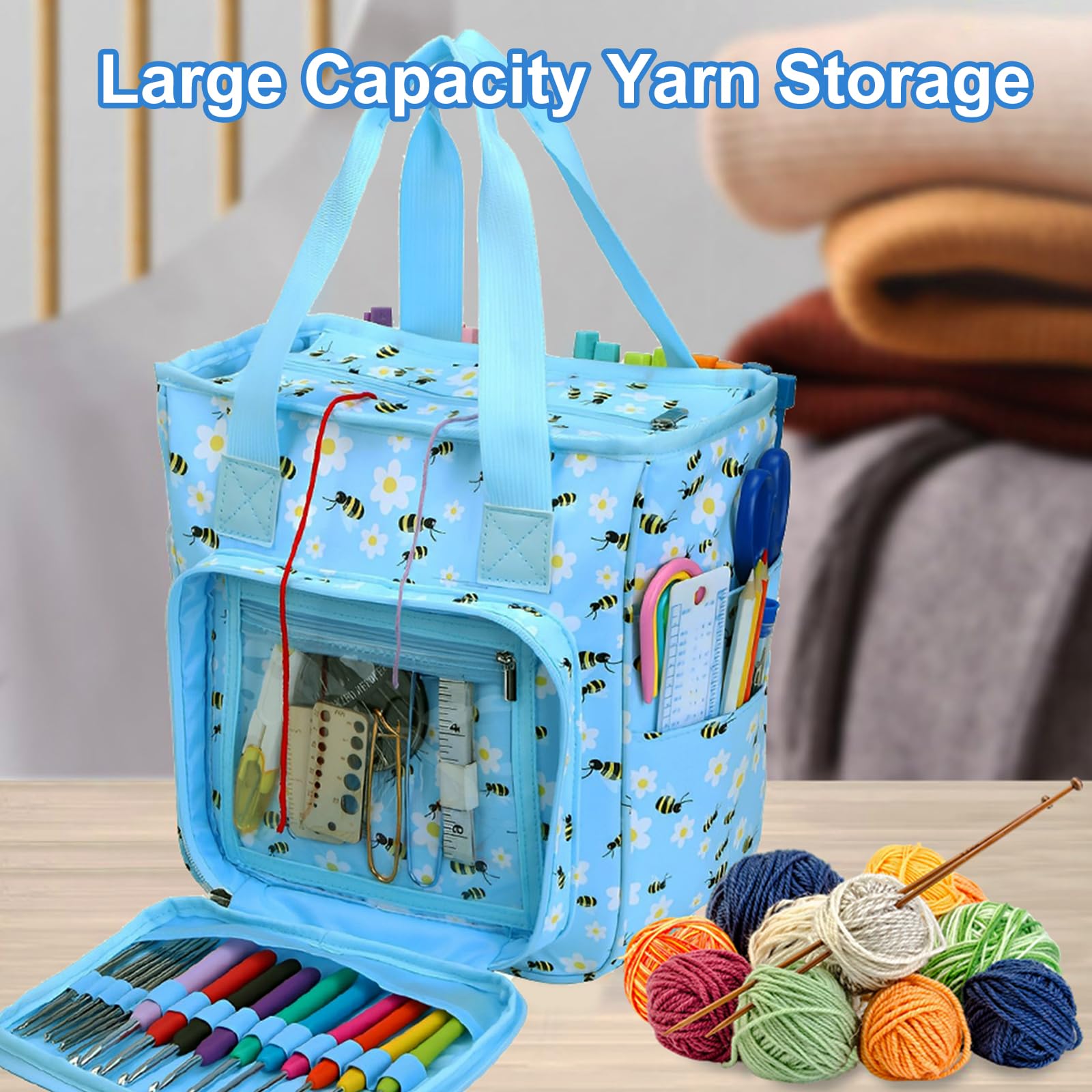 Sac De Rangement Pour Tricot, Sac De Rangement Portable Pour Fil à Crochet Avec Fermeture éclair Et Trous Pour éviter Les Enchevêtrements Pour Aiguilles à Tricoter à La Maison