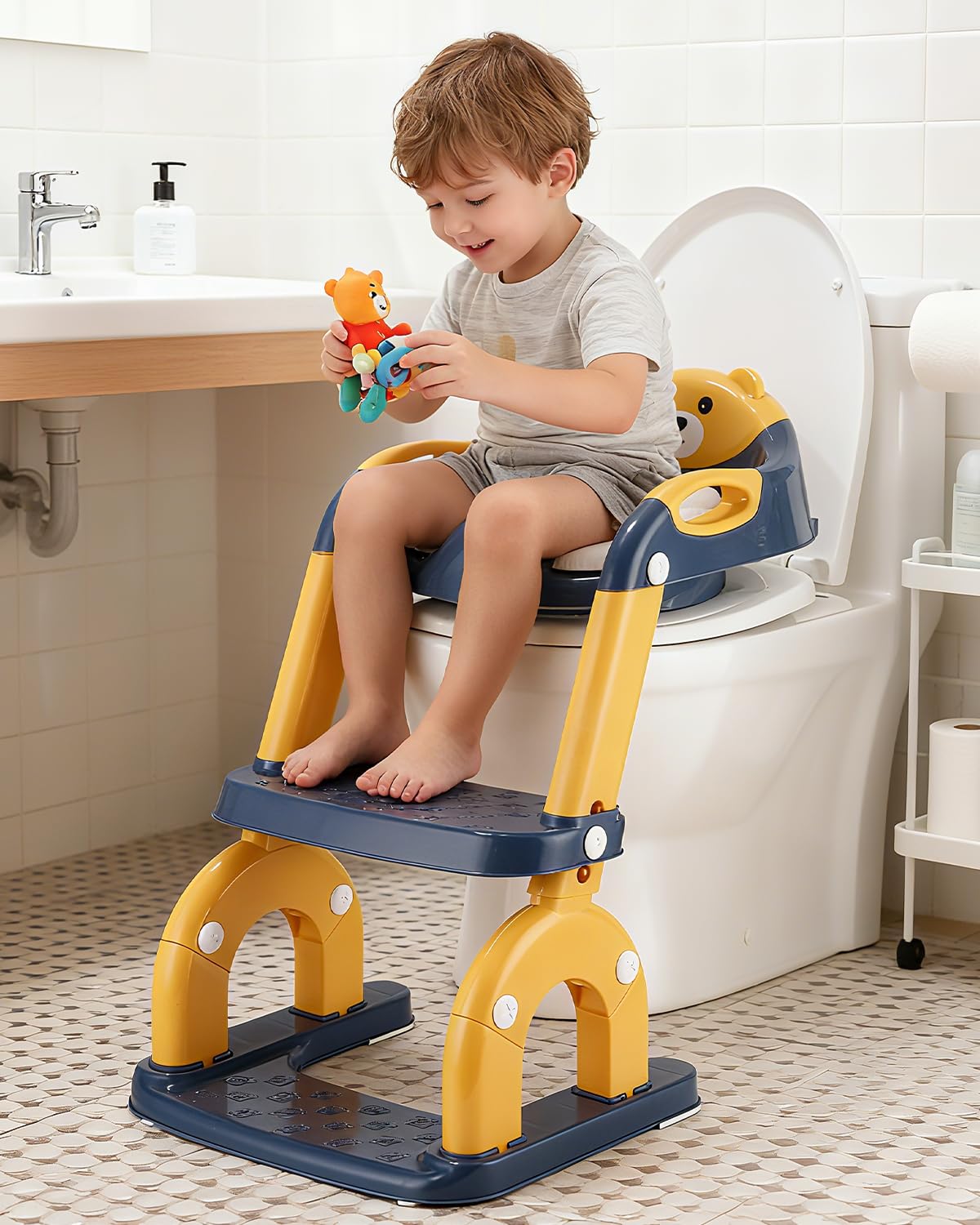 Siège de toilette pour enfant avec escalier - 2 en 1 - Avec siège rembourré - Hauteur réglable - Pliable - Marchepied antidérapant - Jaune