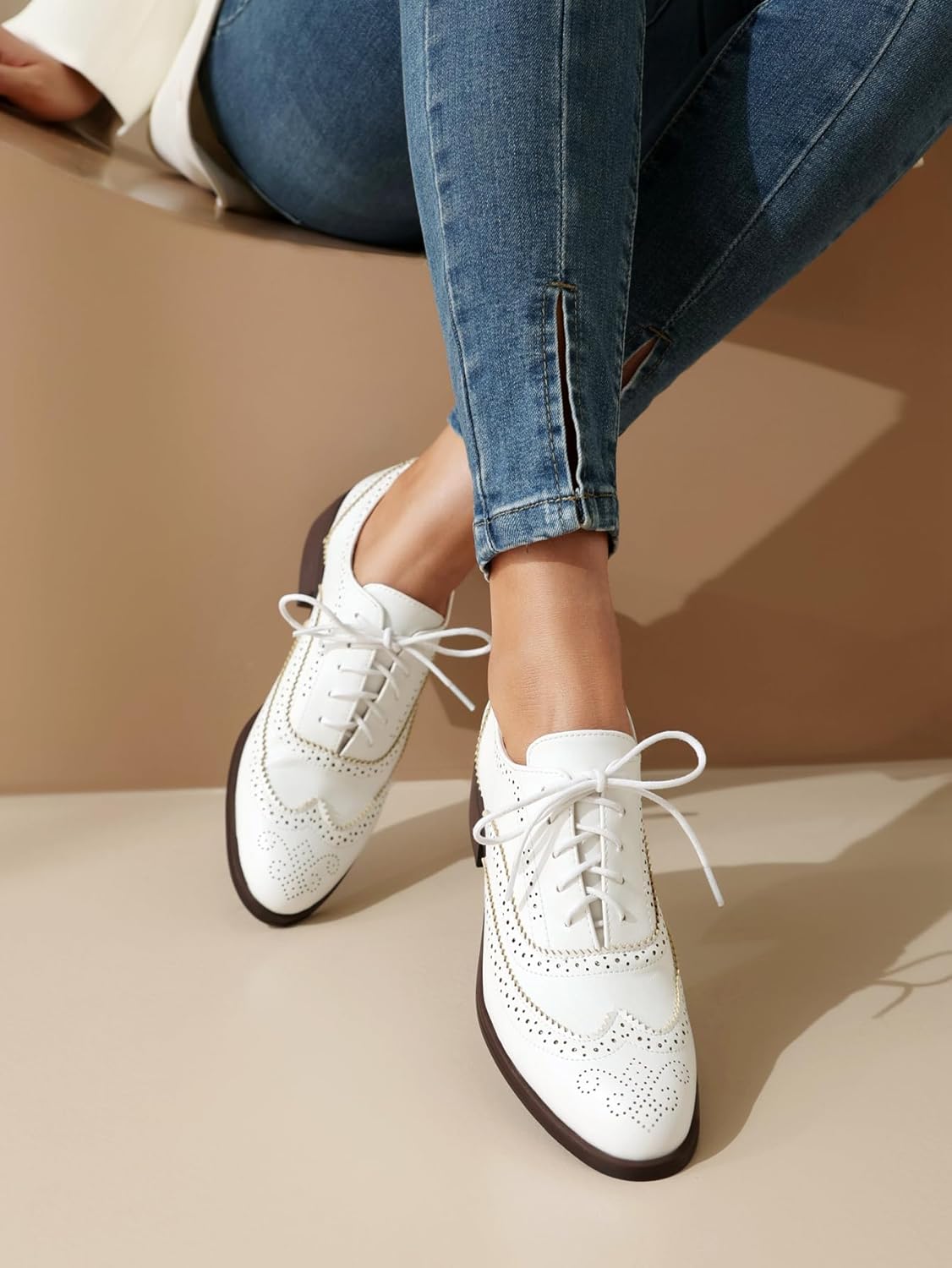 Lace-up Wingtips Oxford Shoes for Women Cutout Brogues Saddle Shoes - Image 3