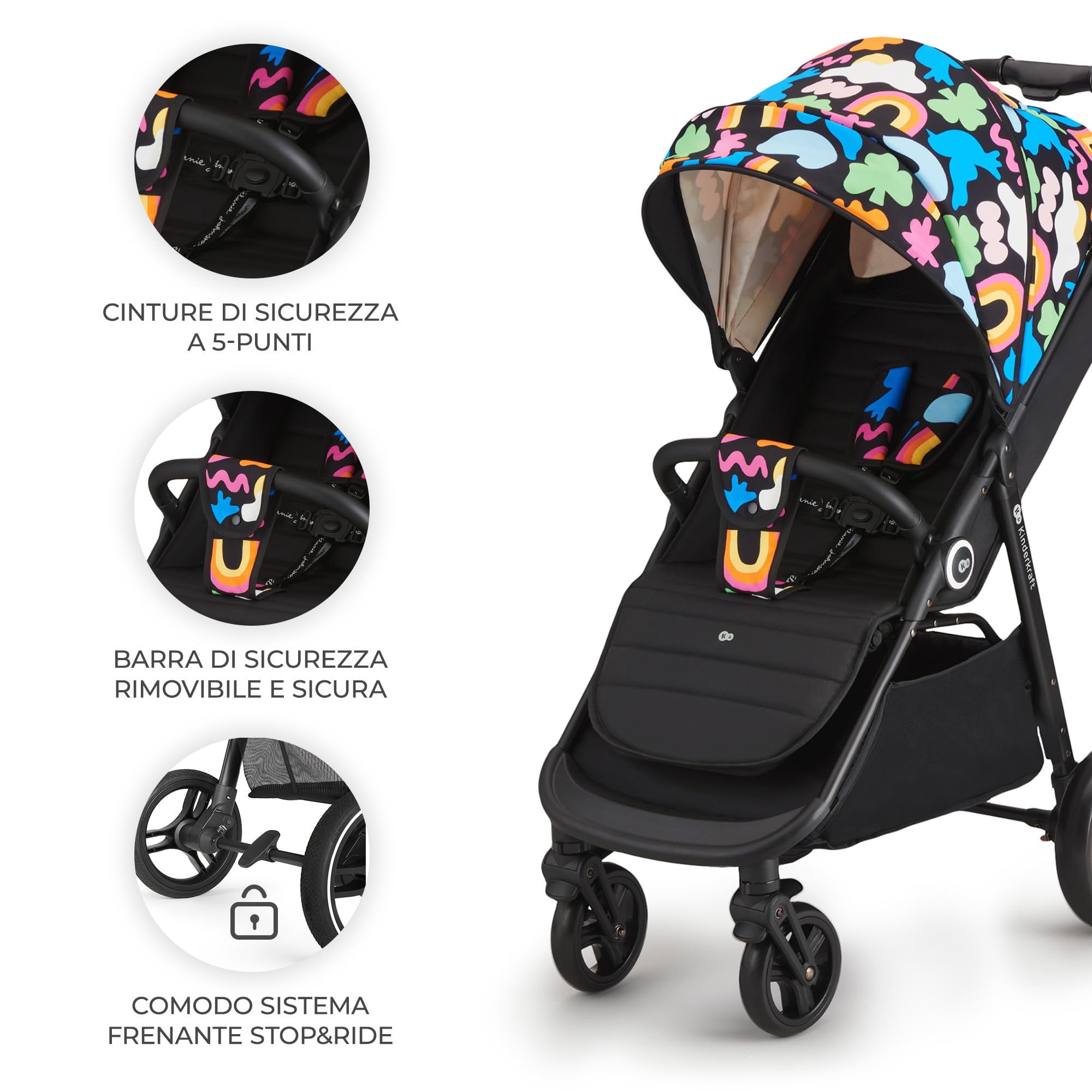 Kinderkraft GRANDE PLUS Passeggino Leggero dalla Nascita fino 22 kg, Pieghevole con una Mano, Posizione Sdraiata, L'ammortizzazione su Tutte le Ruote, Cappottina XL, Happy Shapes