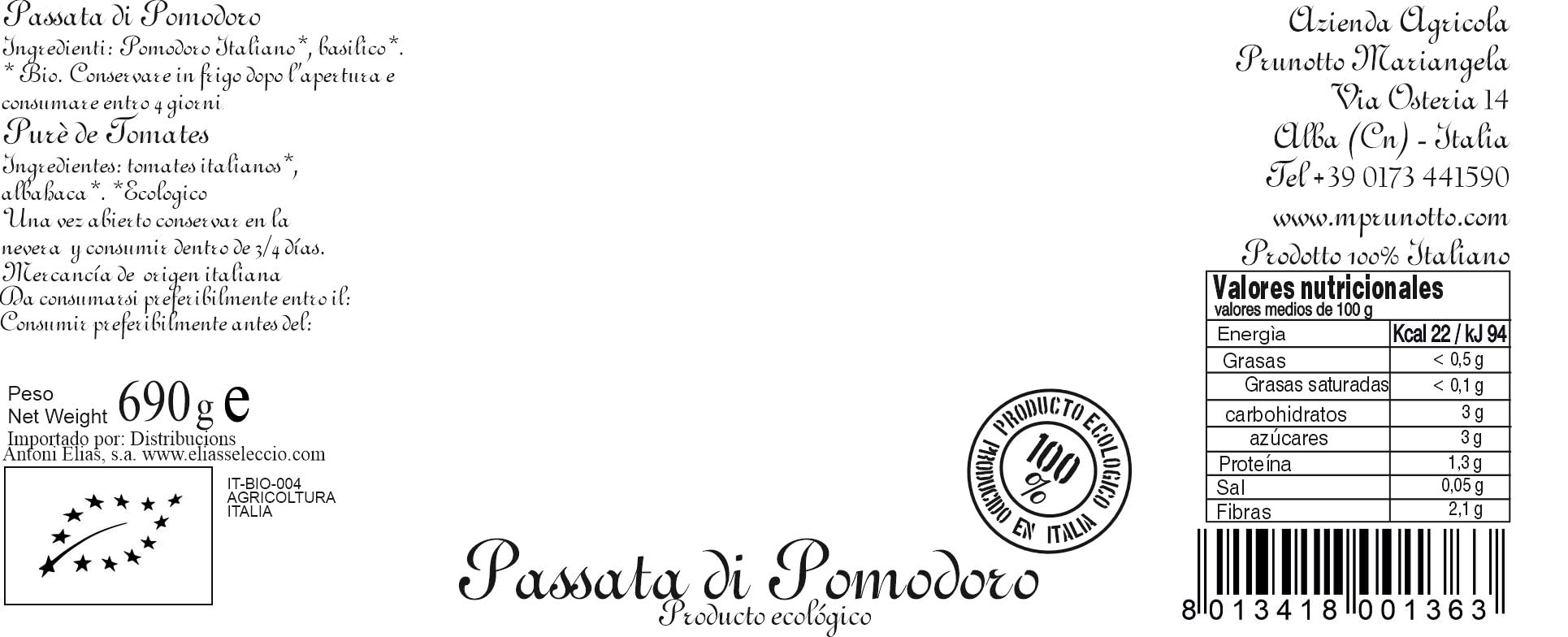 Azienda Agricola Prunotto Mariangela Passata di Pomodoro Biologica - 690 gr, Confezione da 6 bottiglie