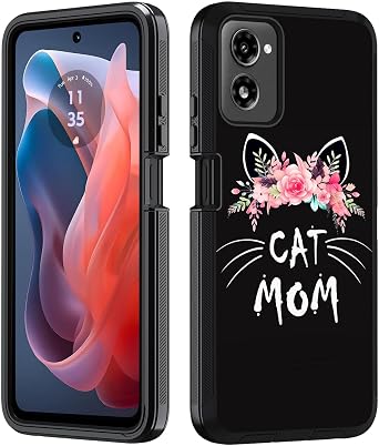for Motorola Moto G Power 5G 2024 Case, Heavy Duty 3 in 1 Hybrid Hard PC & Soft Silicone Shockproof Drop Protection Case for Moto G Power 5G 2024, Cat Mom Floral