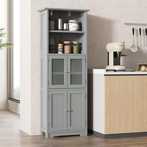 Miniatura 8 de COSTWAY Armario de almacenamiento alto para baño, armario de despensa de cocina independiente con puertas de vidrio y estante ajustable, gabinete de