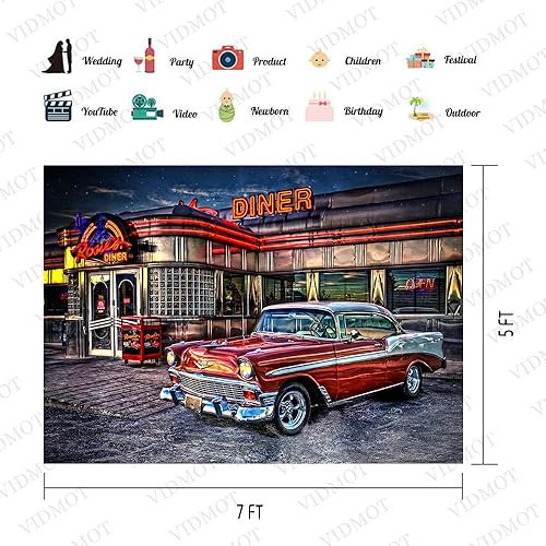 Miniatura 4 de Fondo de comedor Rock Roll de los años 50 de los años 50, telón de fondo vintage para automóvil, nostalgia retro, fondo de fotografía, 7 x 5 pies,