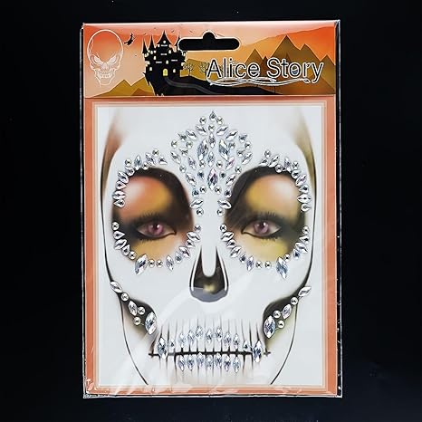 Day of The Dead Face Rhinestones for Makeup Stick on Skull Halloween Face Jewel Tattoos Glitter White Rhinestone Tattoo Stickers for Crystals Face Stickers Eyes Face Temporary Tattoos 1 Pack