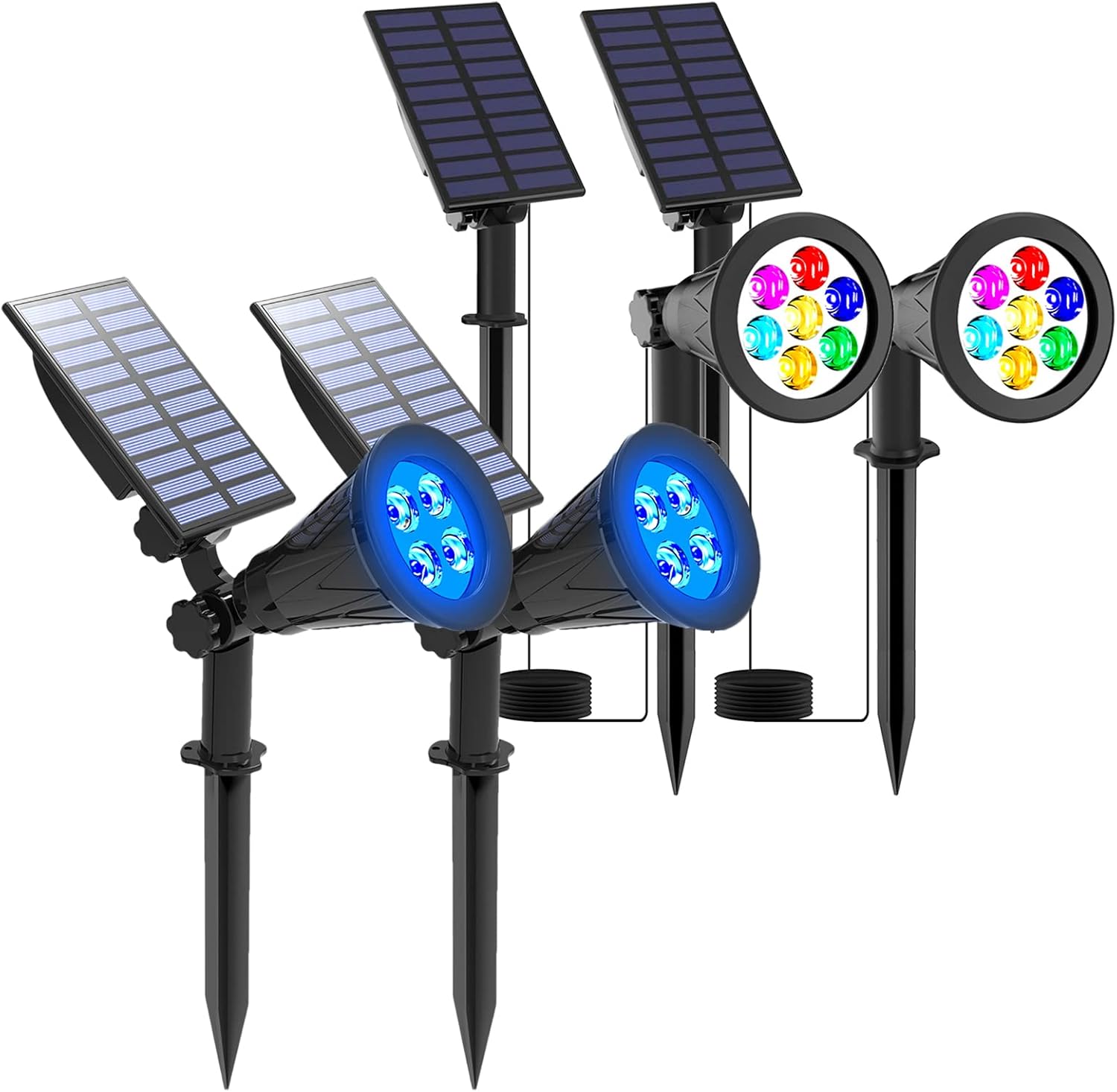 T-SUNUS Color Changing 7 LED Solar Spotlights & 4 LED Blue Solar Lights, IP65 Waterproof Security Light Landscape Light Auto-on/Off Wall Light Angle Adjustable for Tree,Patio,Yard,Garden,Driveway,Po