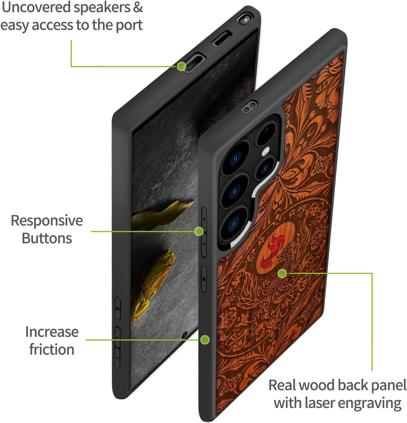 Carveit Magnetic Wooden Case for Samsung Galaxy S25 Ultra Case, Wood Artisan Engraved & Handmade Shell Inlaid, Compatible with MagSafe Wireless Chargers (Phoenix in Symmetry) Rosy