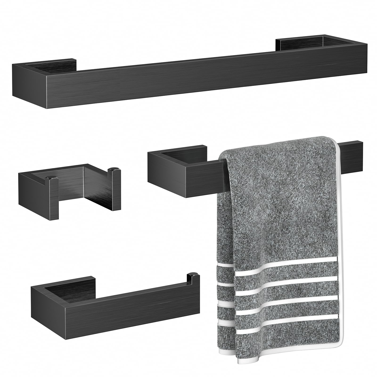 5 Pcs SUS304 Stainless Steel Bathroom Accessories Set, 24" Towel Bar, Round Towel Ring, Toilet Paper Holder, 2 Towel Hooks, Minimalist Design for All Styles Bathrooms (Black+Gold)
