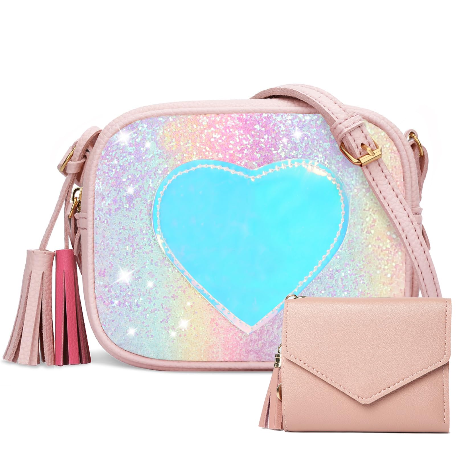 PRLINJSK Little Girls Purse, Kids Heart Purse, Cute Crossbody Bag with Small Teens Girls Wallet Gift