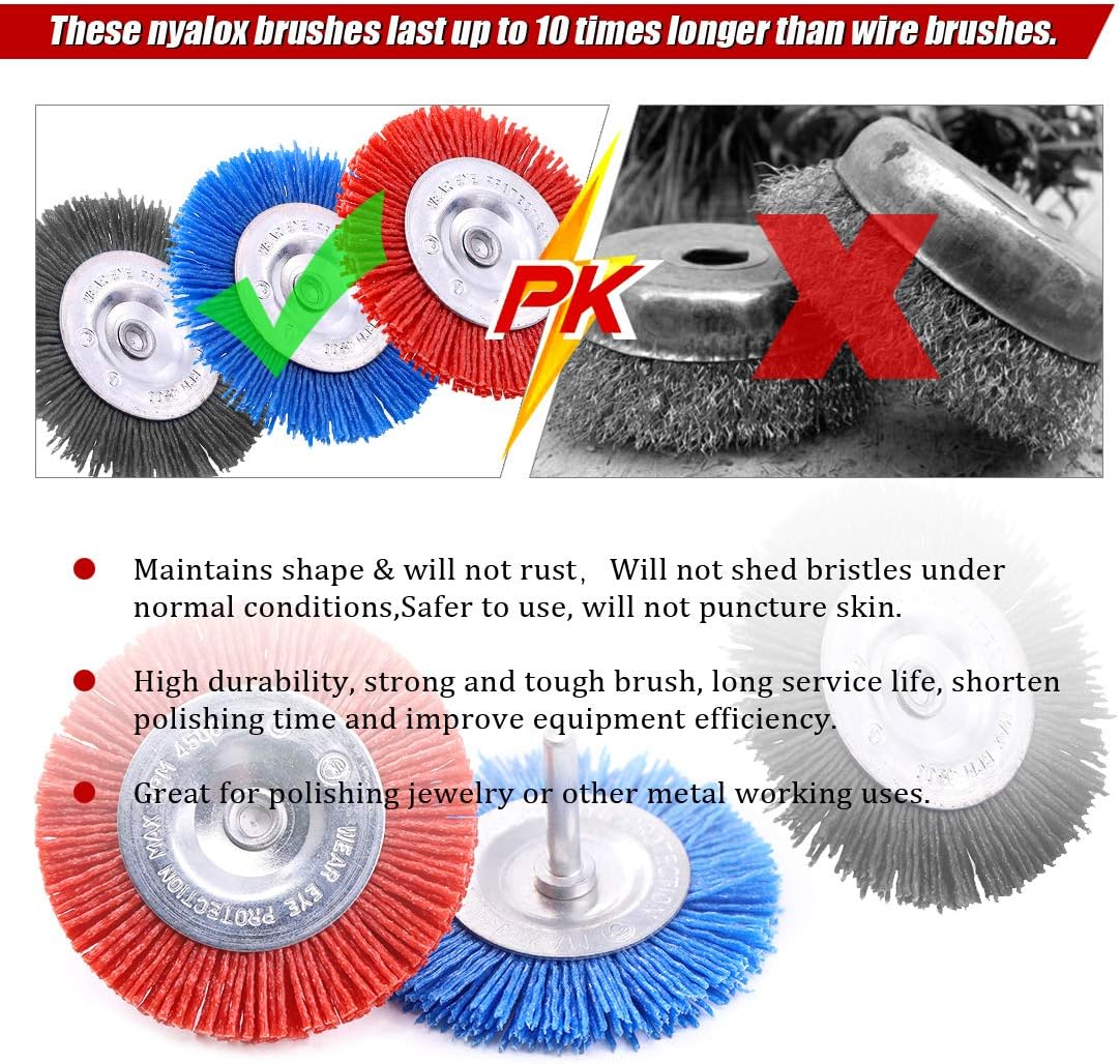 Swpeet 3Pcs 3Inch 80# 120# 240# Abrasive Nylon Wheel Brush Set with 1/4 Inch Shank, 3 Grit Nylon Drill Brush Set Perfect for Removal of Rust/Corrosion/Paint - Reduced Wire Breakage and Longer Life