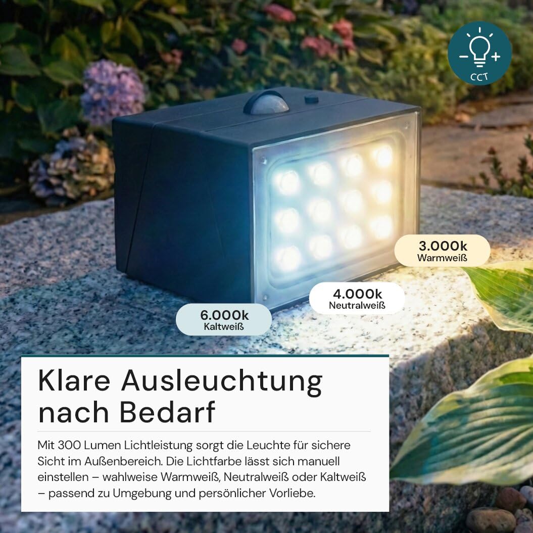 LUXULA LED Solar Wandleuchte außen mit Bewegungsmelder Schwarz 6 Stück - Solar Strahler für außen IP65 wetterfest, Außenleuchte drehbar, 3 Lichtfarben 3000K 4000K 6000K - Außenbeleuchtung Solar