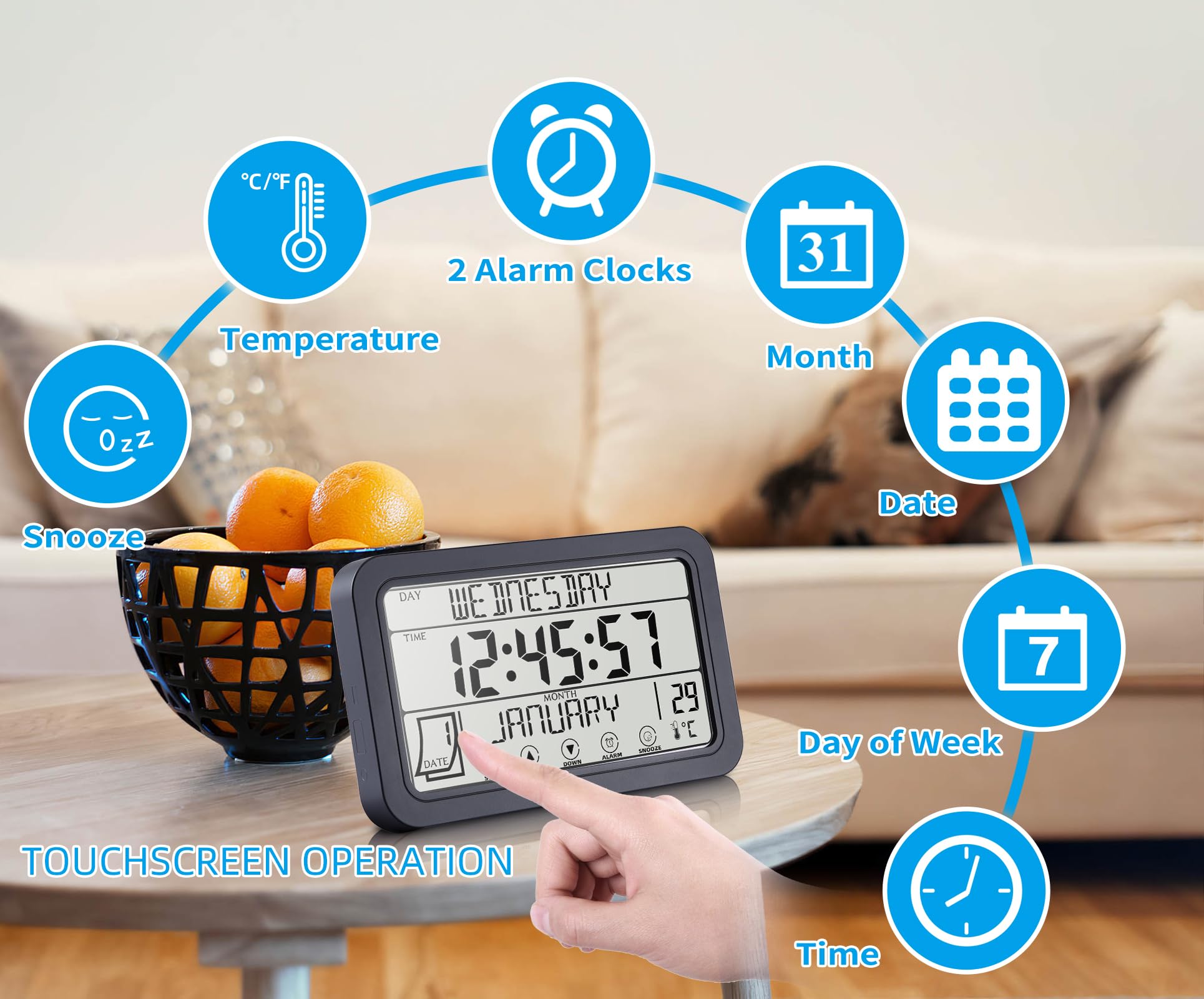 Fuloon Orologio Digitale Calendario Wireless, Grandi Cifre Orologio da Parete con Sveglia e Termometro per Anziani, Orologio Touch Screen Multilingue
