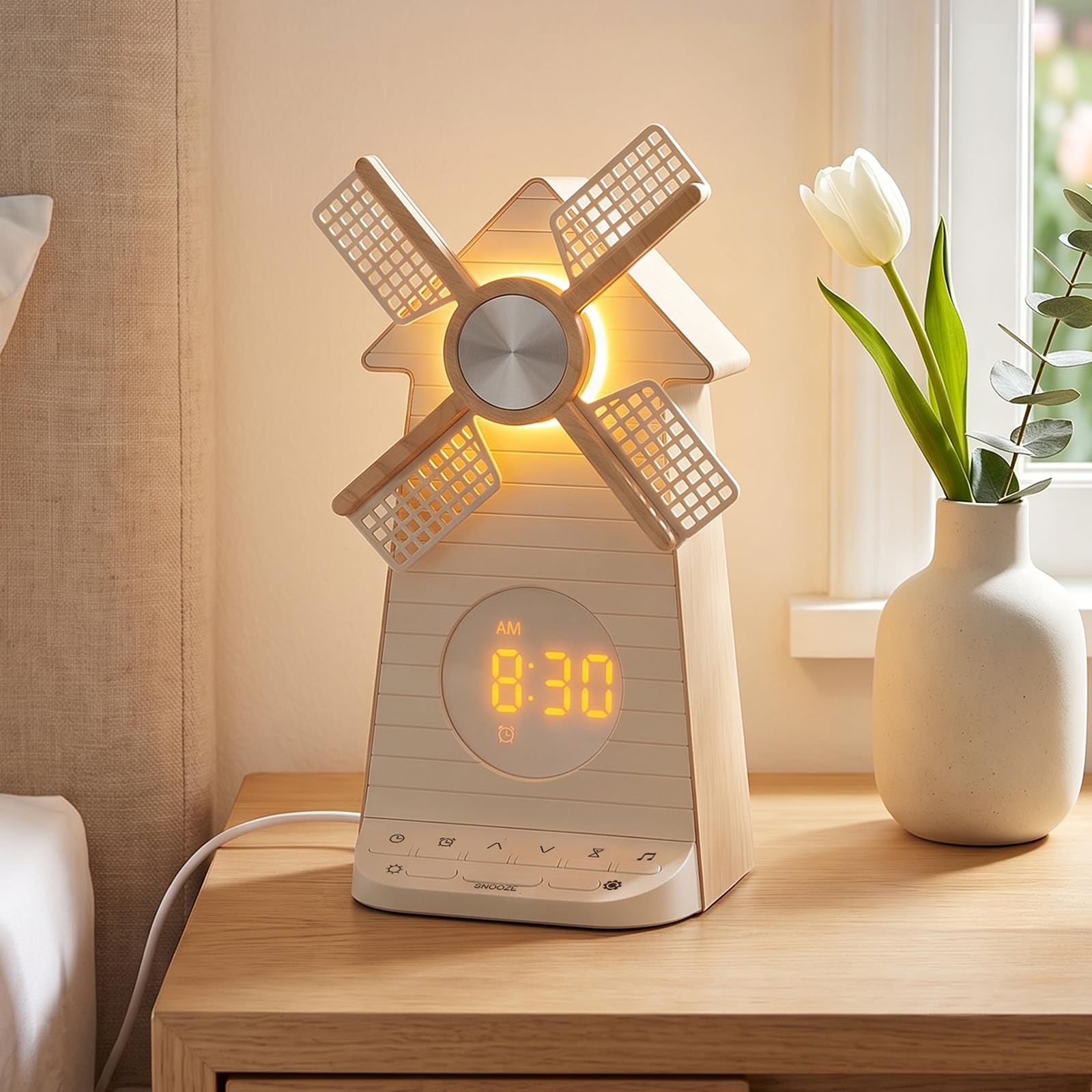 RETEYUNG Wecker mit rotierender Windmühle, Tageslichtwecker USB-Ladestation | Nachttischlampe, White Noise Machine mit 20 Klänge,15 Klingeltöne, Snooze,Schlafzimmer Deko & Geschenk für Mädchen kinder