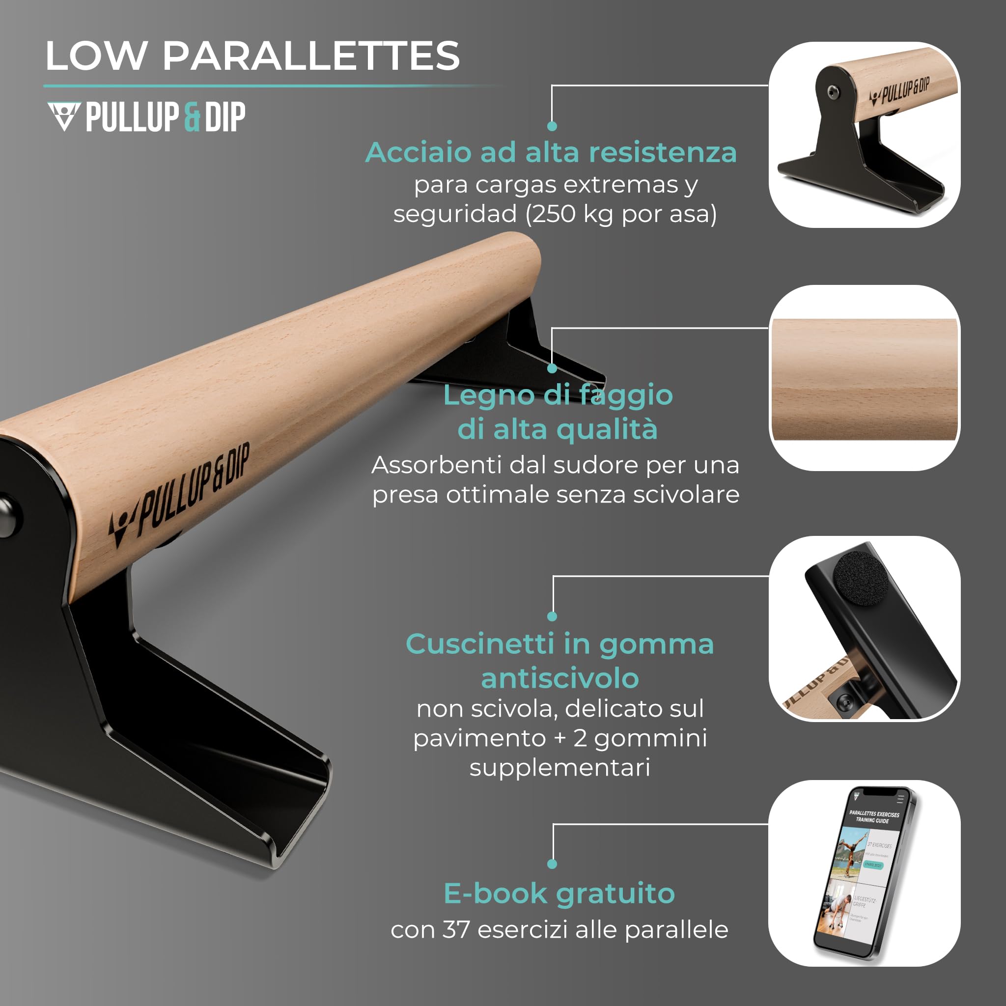 PULLUP & DIP Parallele in Legno, Parallettes Basse o Medie con Maniglie Ergonomiche, Barre Parallele Maniglie per Flessioni per Calisthenics e Corpo Libero