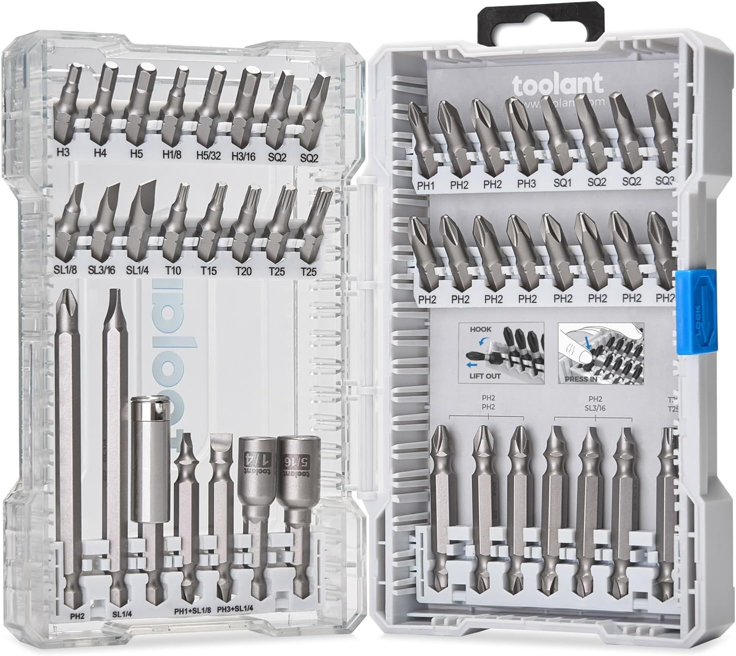 toolant 46-Piece Screwdriver Bit Set (S2 Steel), SAE/Metric Hex & Torx Bits for Furniture Assembly, Magnetic Tips with Color-Coded Ring, Easy-Access Storage Case for Home & Auto Repair