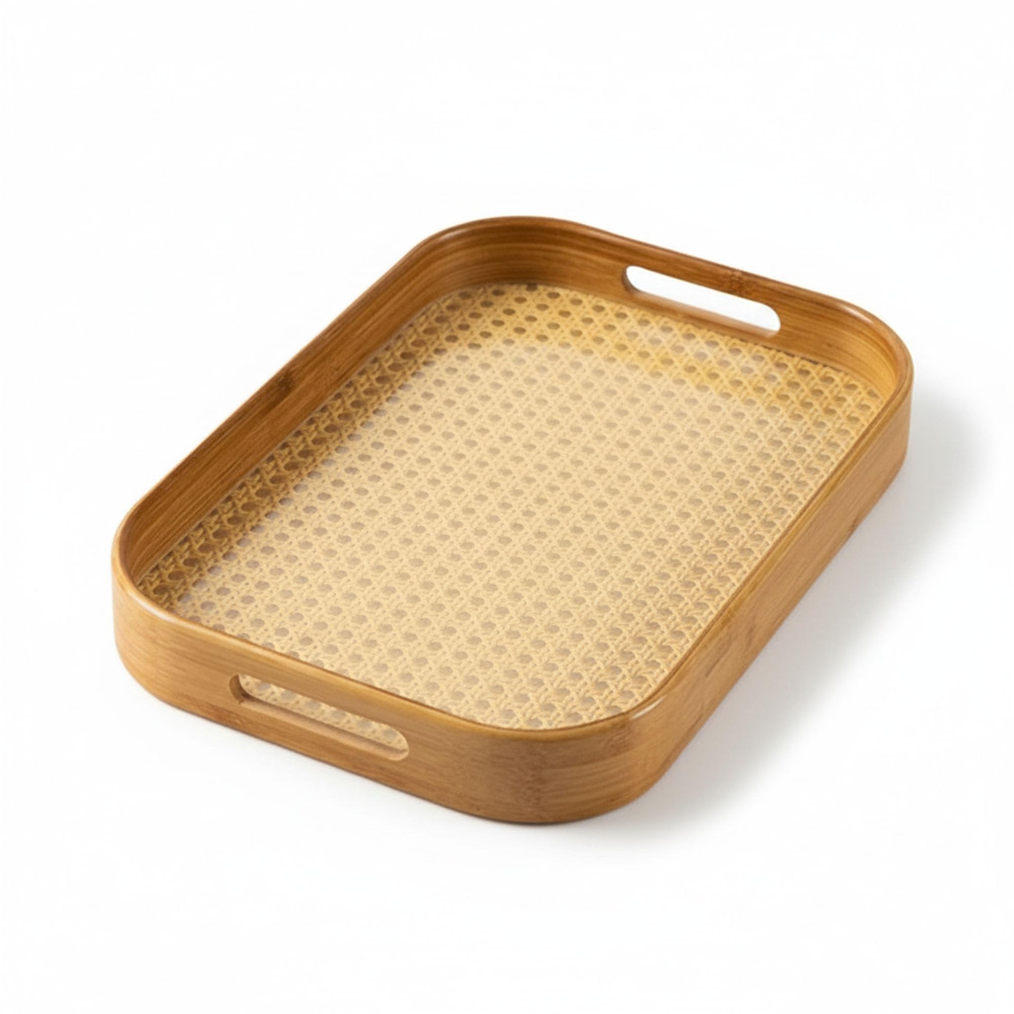 Curated Cart Bamboo Serving Tray with Cut-Out Handles - Rattan Cane Woven Base - Eco-Friendly Rustic Tray for Coffee Table, Breakfast, Kitchen, Bathroom Décor - Lightweight, Durable - 33x22.5cm-image-2