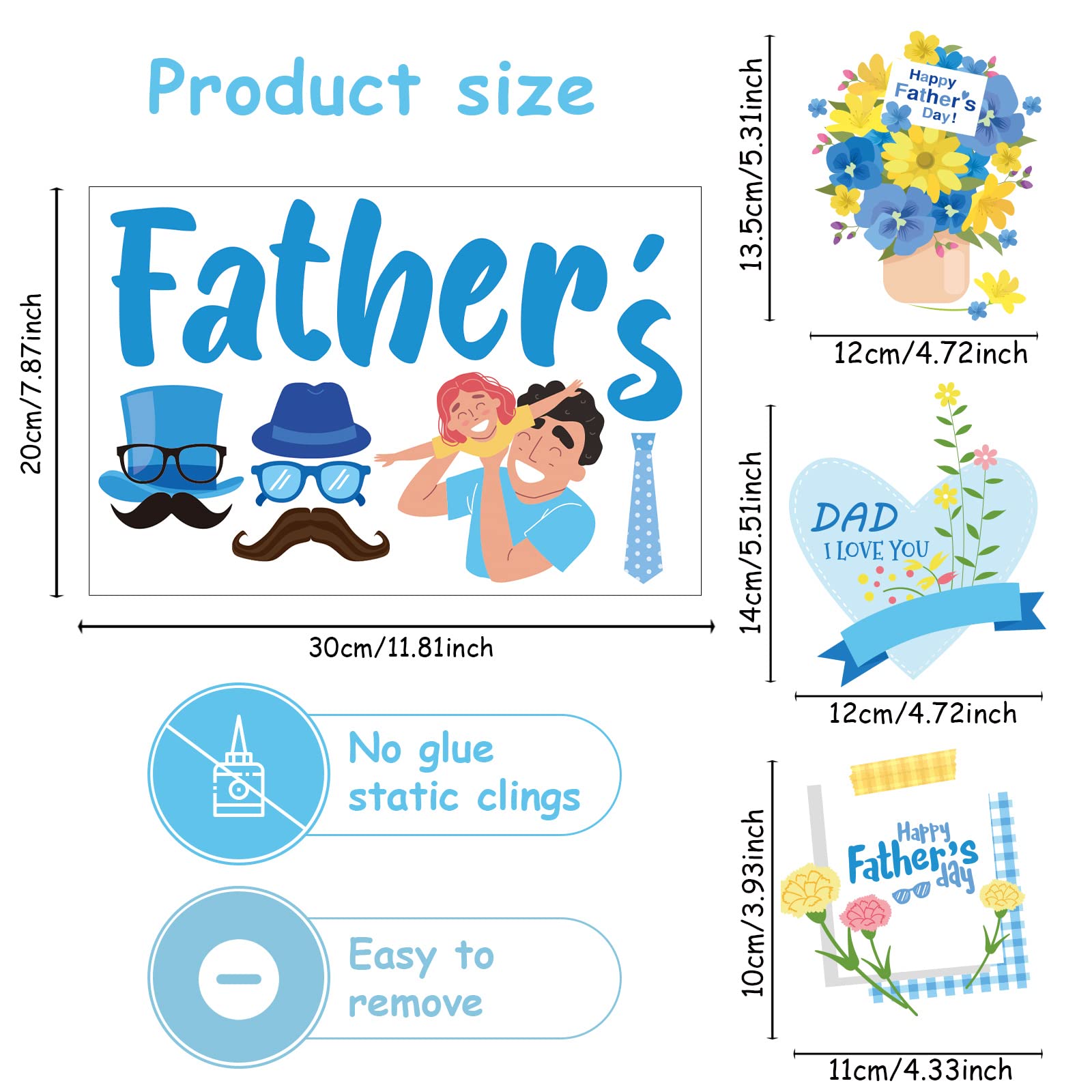 9 Sheets Father's Day Window Clings Decoration Dad’s Day Window Stickers Happy Fathers Day Themed Party Supplies for Dad’s Birthday Family Home Bedroom Window Decoration Favor Removable and Reusable