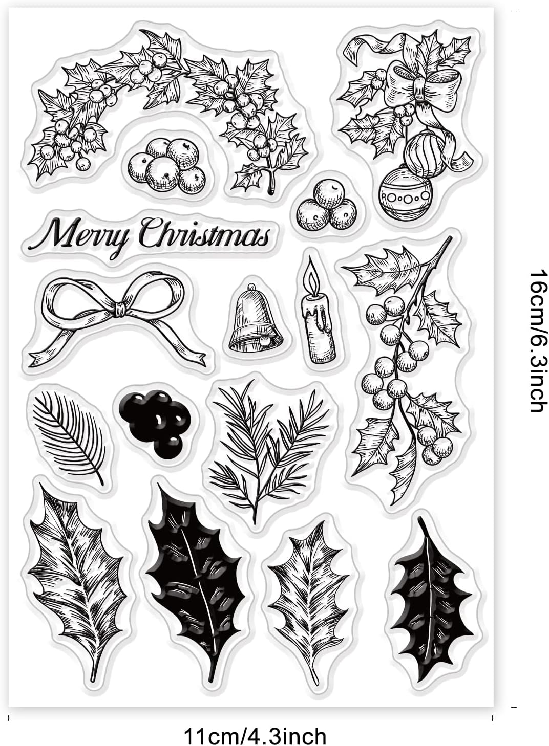 BENECREAT Merry Christmas Themed Clear Stamps, Holly Leaf/Pine Needle/Candle/Bell/Bow Pattern Clear Rubber Stamps for Paper Card Photo Album Crafting Supplies