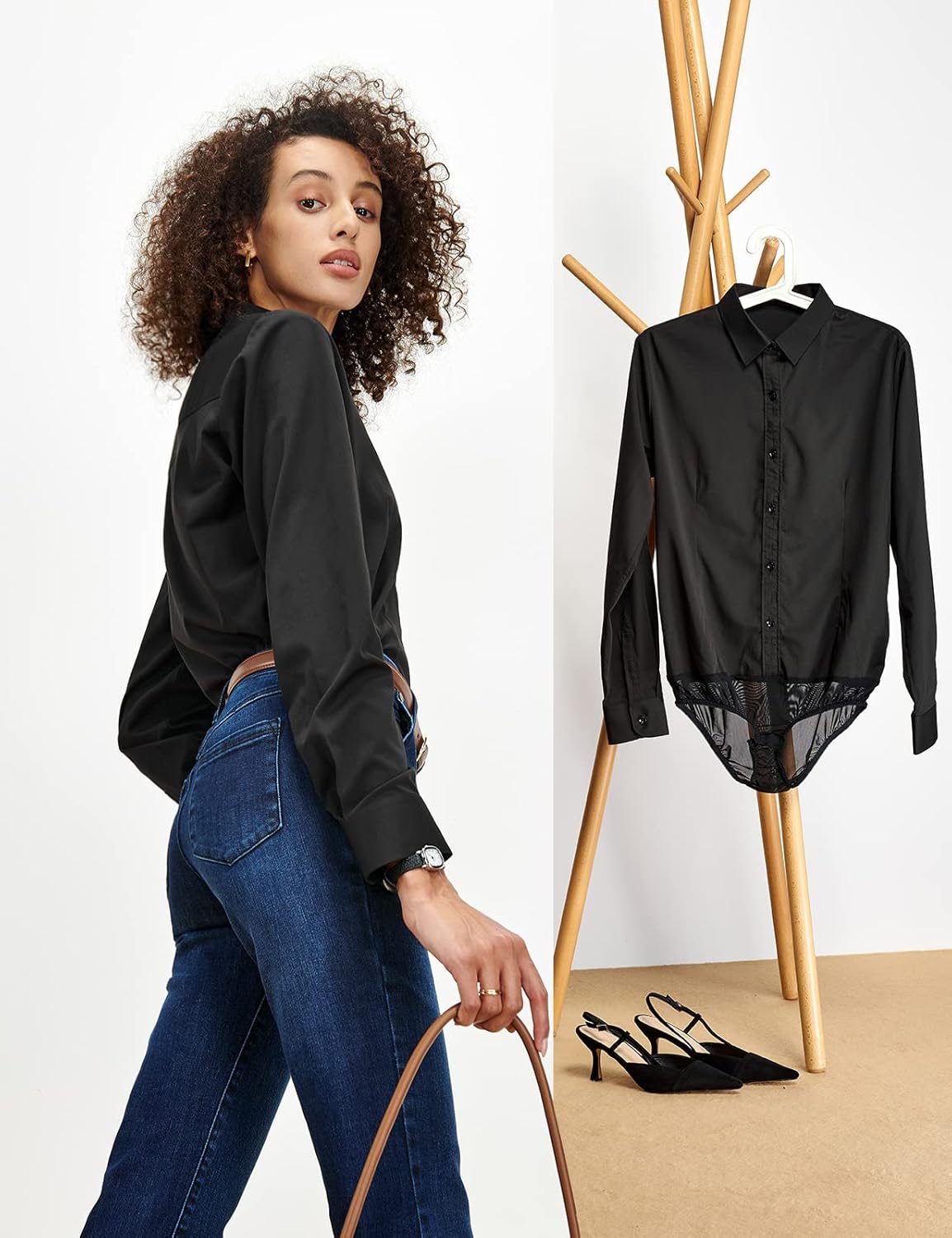 Tapata Womens Bodysuit Blouse Button Down One-Piece Long Sleeve Solid Office Work Shirt Casual Tops - Image 6