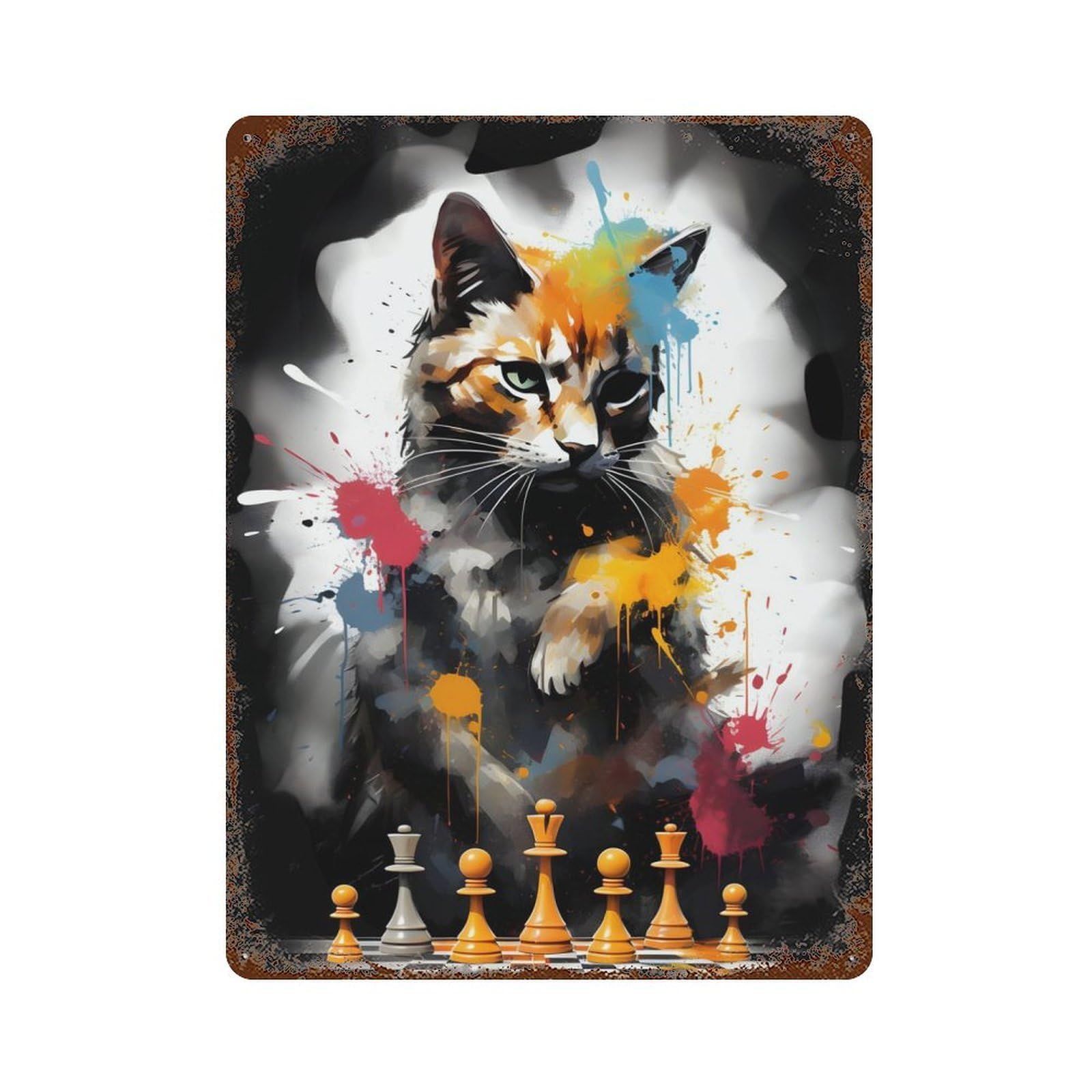 Cat Chess Master Rust Effect Tin Sign 15.7"x11.8", Novelty Wall Decor for Garage, Pub Or Kitchen