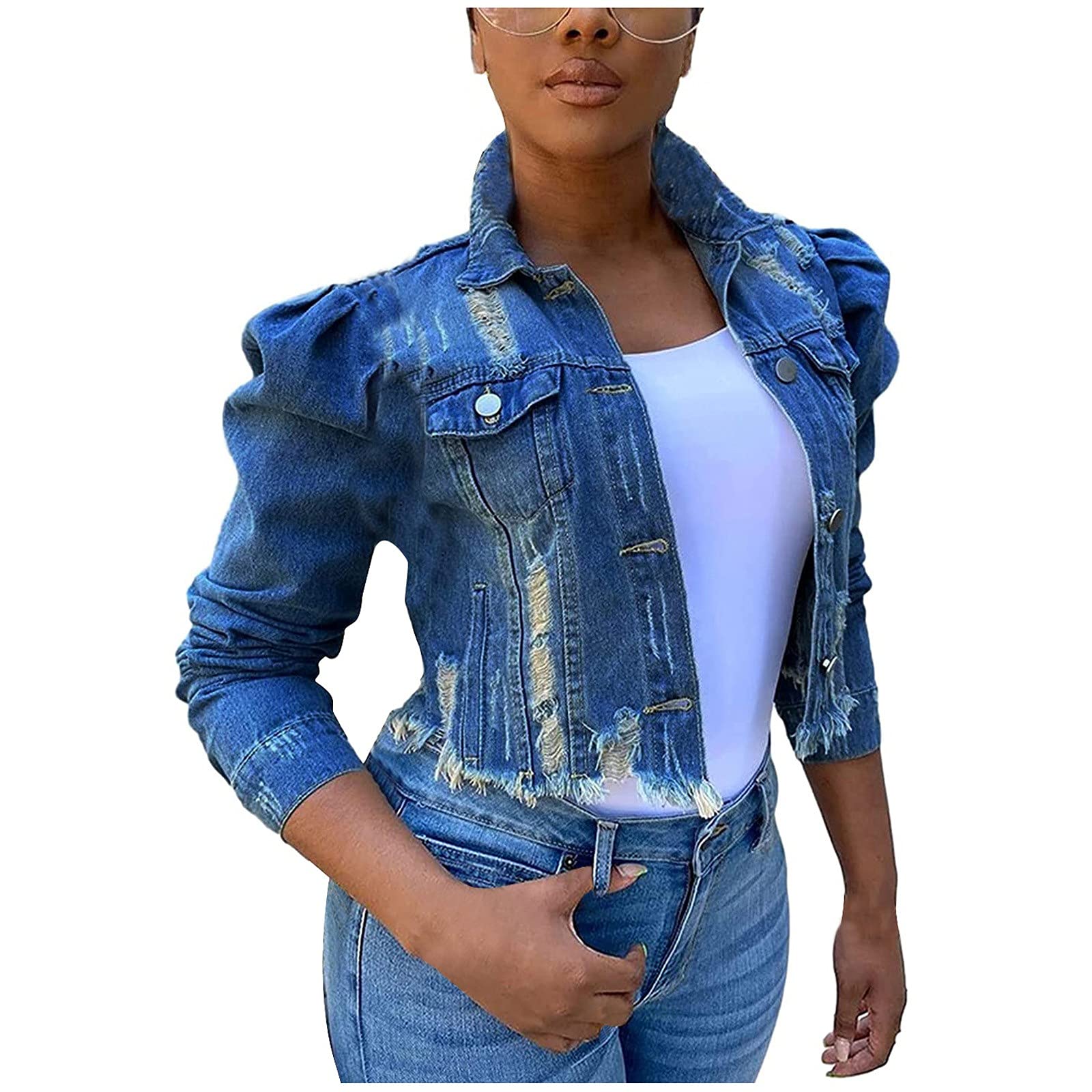 Jeansjacke Damen Kurz Jacke Vintage Mantel Langarm Jacket Einfarbig