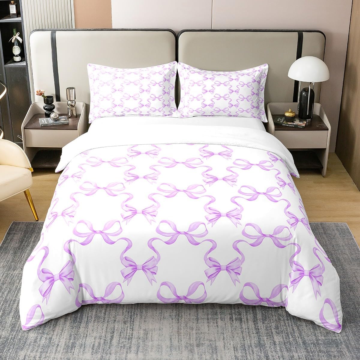 Manfei Blue Bowknot Cotton Queen Size Bedding Set,Princess Style Watercolor Bow-tie Duvet Cover(No Comforter) for Bedroom,Fairy Tale Bow Ribbon Crossed Blue White Quilt Cover,3Pcs