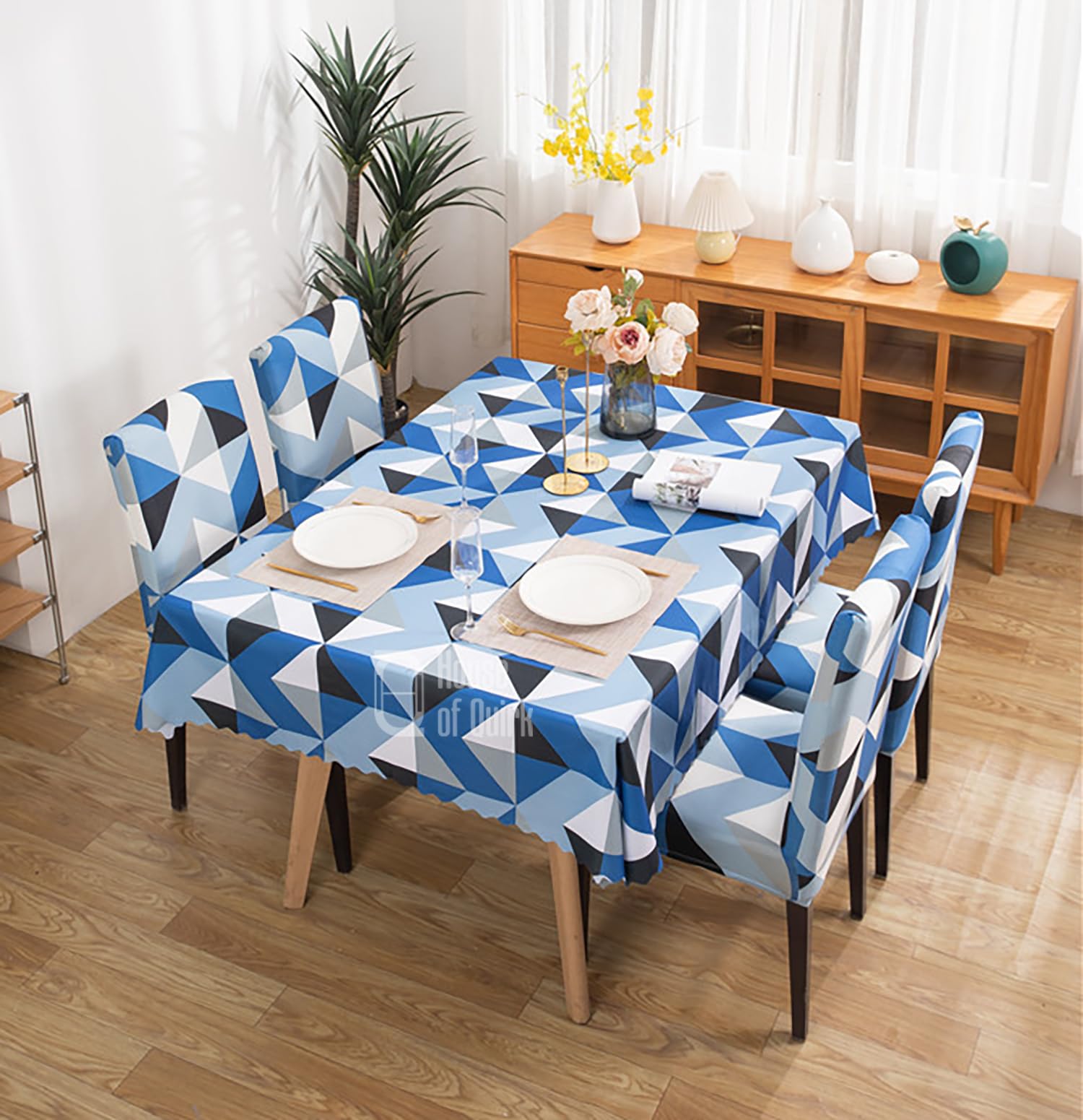 House of Quirk Dining Chair Cover with Table Covers for Kitchen Waterproof Dining Table Cloth (Blue Obtuse Traingle, 1 Table Cover + 4 Chair Cover)