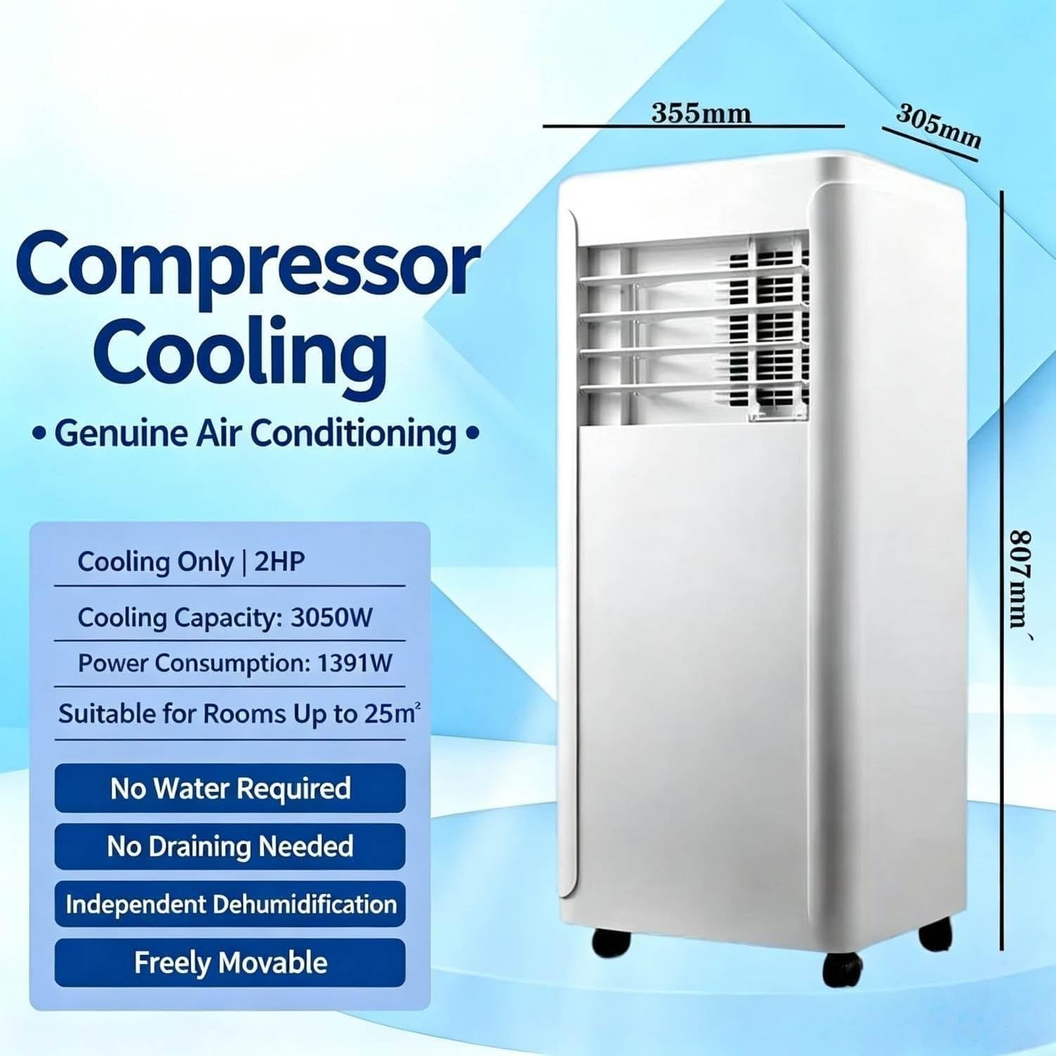 Aire Acondicionado Portátil 3-en-1 9000 BTU, Silencioso Sin Unidad Exterior, Enfriador para Habitación 220 ft², con Temporizador y Mando a Distancia para Salón, 14000 British Thermal Units