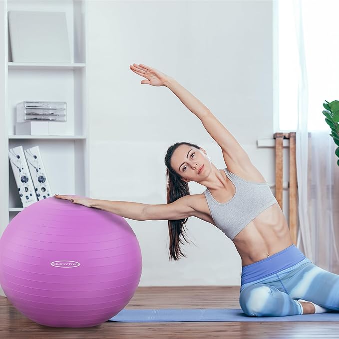 The ball is available in multiple sizes, typically ranging from 55 cm to 85 cm in diameter, allowing users to select a size that best suits their height and exercise needs. This variety ensures optimal performance for different exercises and body types, enhancing comfort and efficacy. Additionally, the BalanceFrom exercise ball comes in several color options, giving users the chance to choose one that reflects their personal style or matches their workout space.