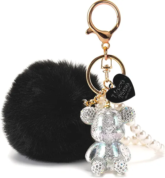 YOU WIZV Kawaii Cute Bear Keychain for Women, Bling Gummy Teddy Bear Pom Pom Key Chain Girly Wristlet Keychain for Backpack
