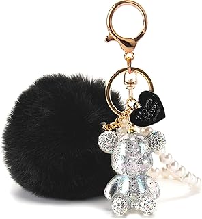 Kawaii Cute Bear Keychain for Women, Bling Gummy Teddy Bear Pom Pom Key Chain Girly Wristlet Keychain for Backpack