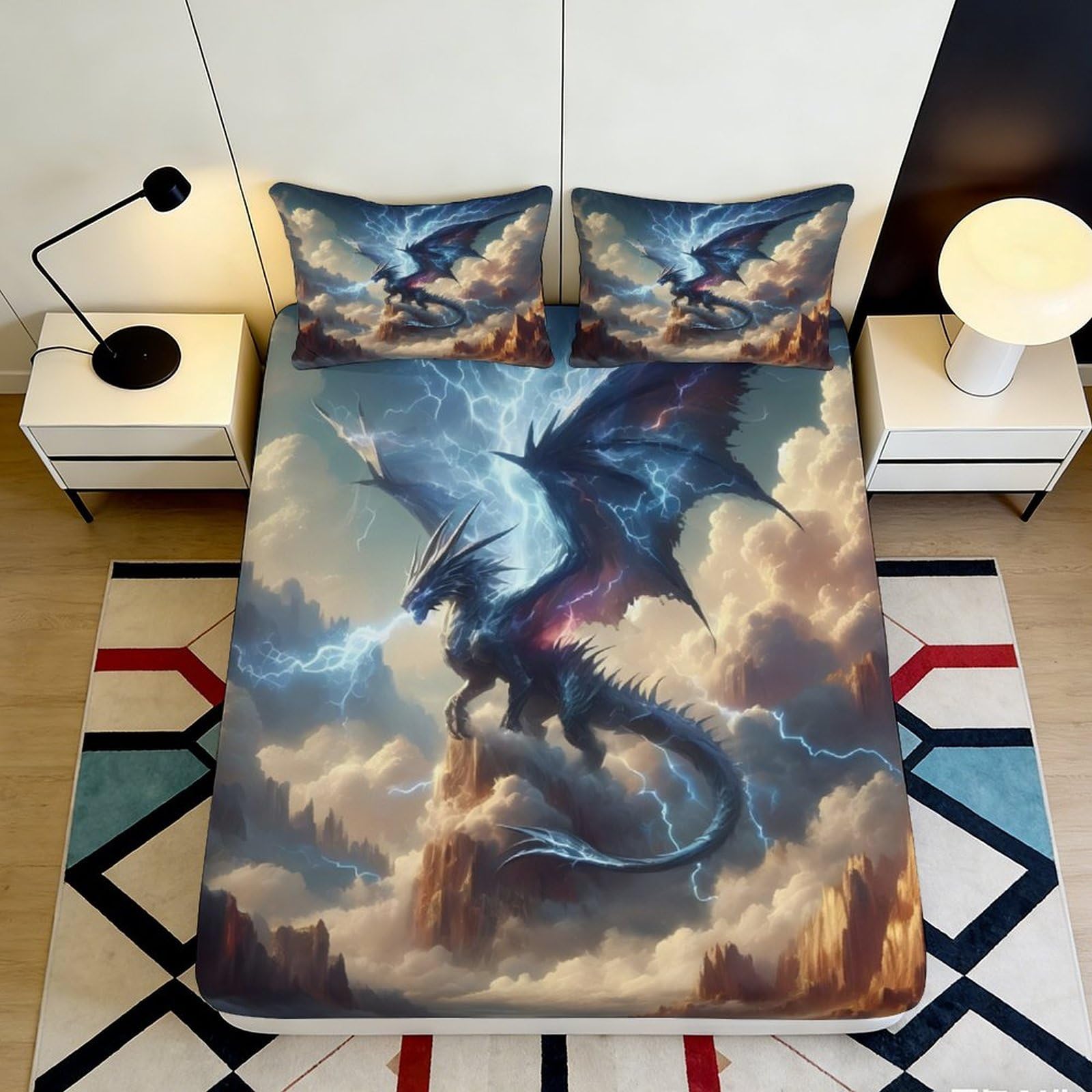 3D Printed Thunder Dragon Fitted Sheet Microfiber Anti-Slip Artistic Storm Mattress Cover for Bedroom Dorm Decor 90x200x25cm