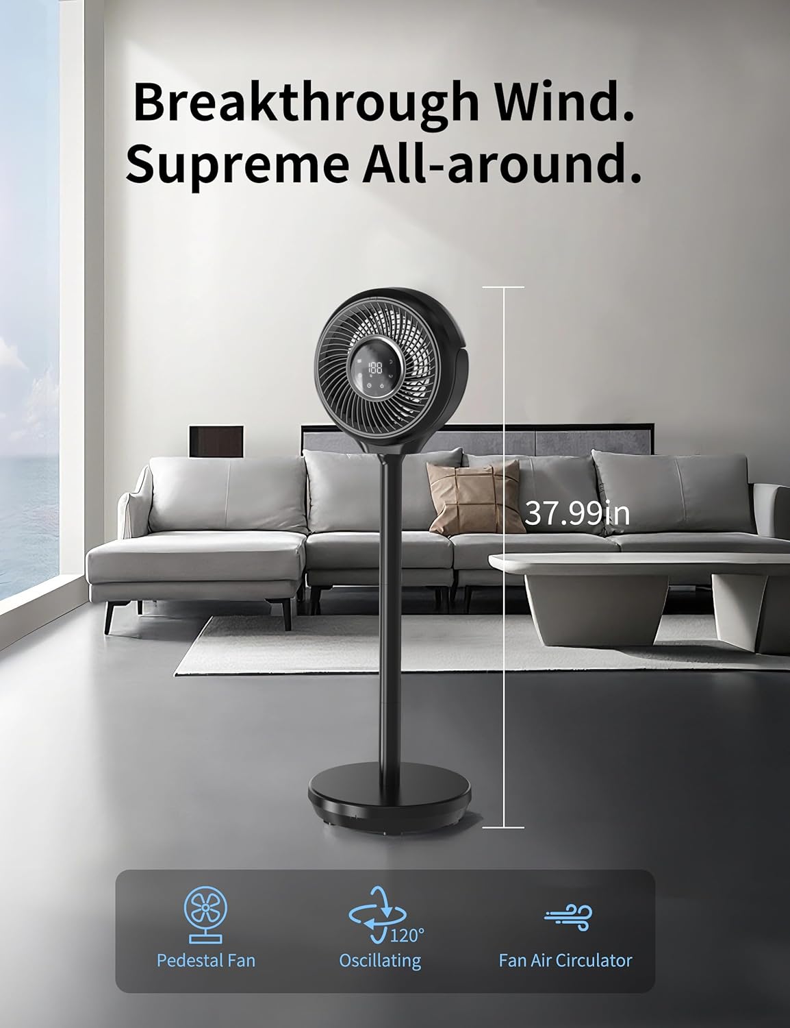 Pedestal Fan for Bedroom, 180° Wide Oscillating & 90° Vertical Tilt, 25dB Ultra Quiet DC Motor Standing Fan with Remote, 15 Speed Settings, 3 Modes, 12H Timer, 15-38" Height Adjustable（black）