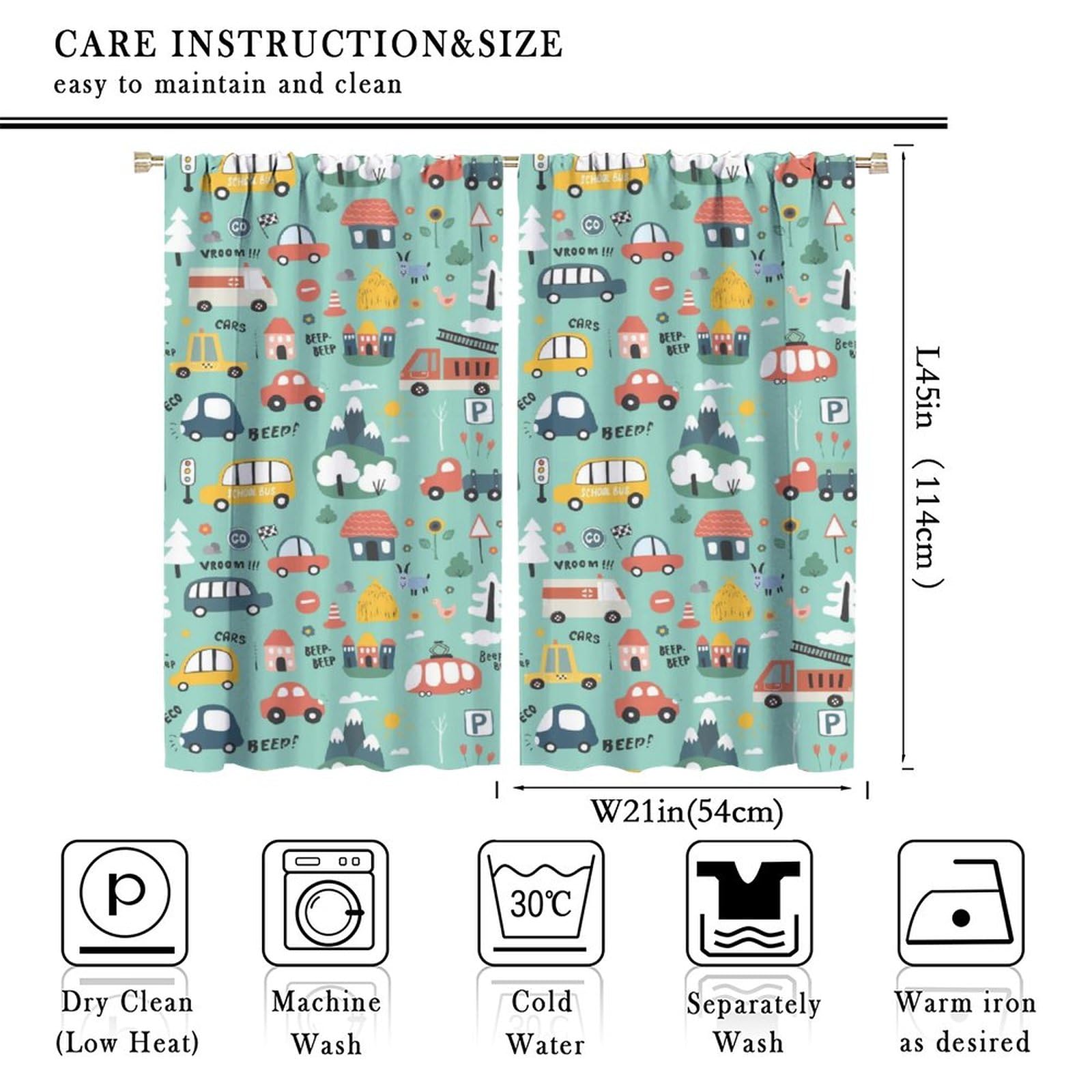 Cartoon Construction Truck Curtains,Boys Kids Hand Painting Cute Excavator Window Treatments Thermal Insulated Rod Pocket Blackout Curtains for Bedroom 2 Panels 45