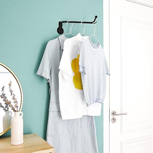 Miniatura 2 de Mkono Colgador de ropa para cuarto de servicio, montado en la pared con gancho de brazo oscilante y soporte de corbata de madera, percha de