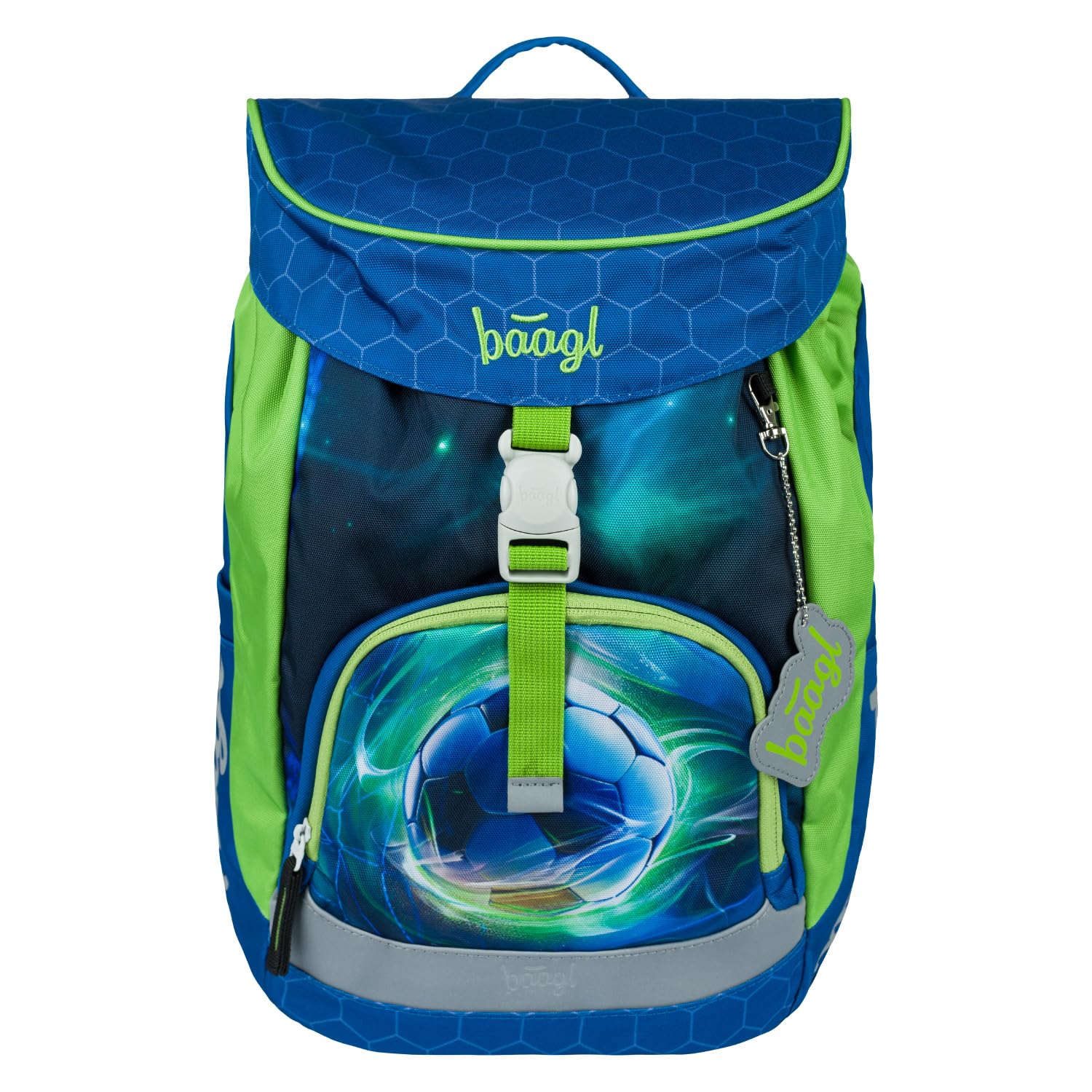 Baagl Schulranzen Jungen Set 5 Teilig Airy Schultasche 16,5 l - Fußball | Ergonomischer Schulrucksack und Ranzen für die Grundschule mit praktischem Zubehör wie Turnbeutel, Schürze und Brustbeutel.