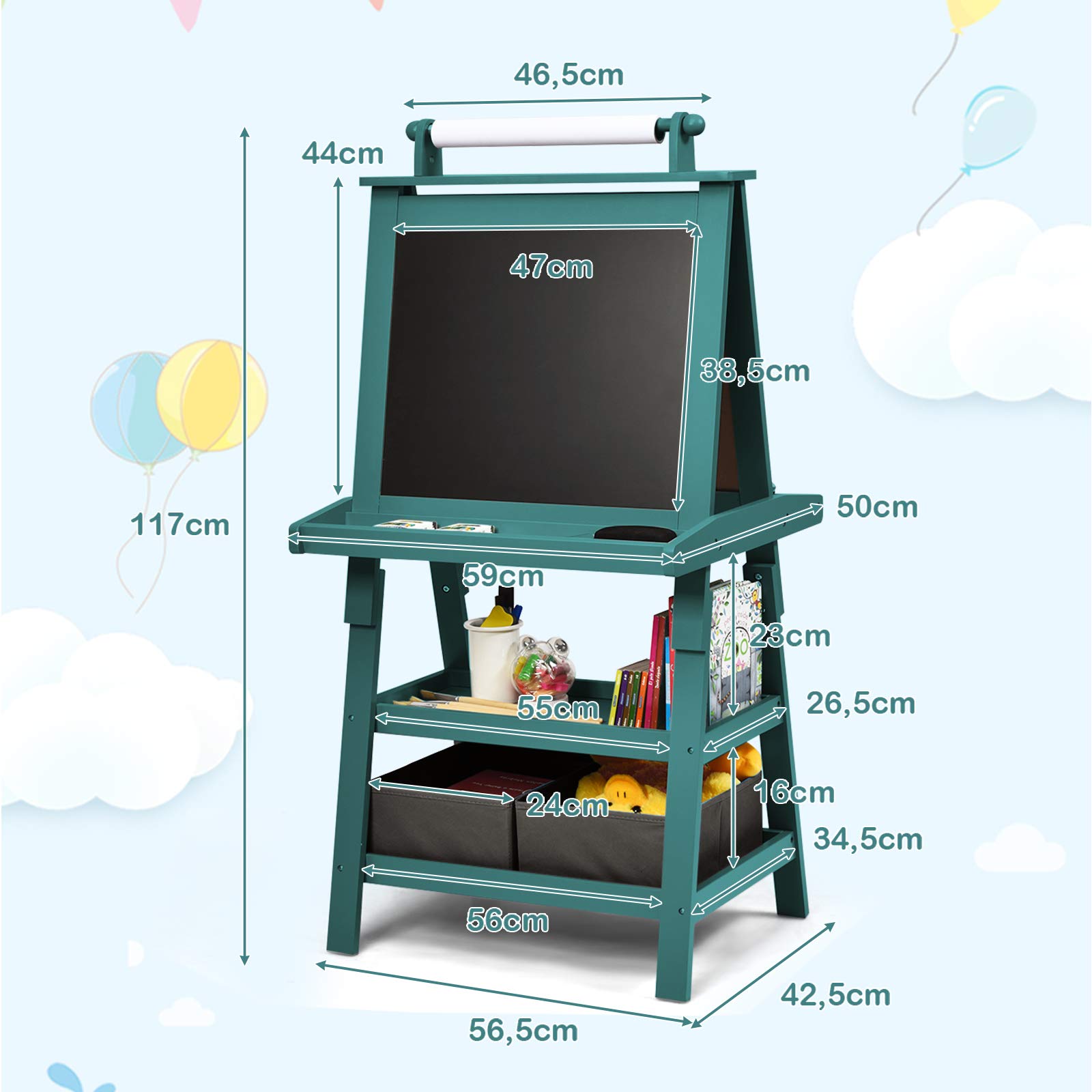 RELAX4LIFE 3 in 1 Lavagna per Bambini, Cavalletto Pittura a Doppia Faccia, Lavagna Magnetica con Rotolo di Carta, Giocattolo Educativo 3+ Anni (Blu)