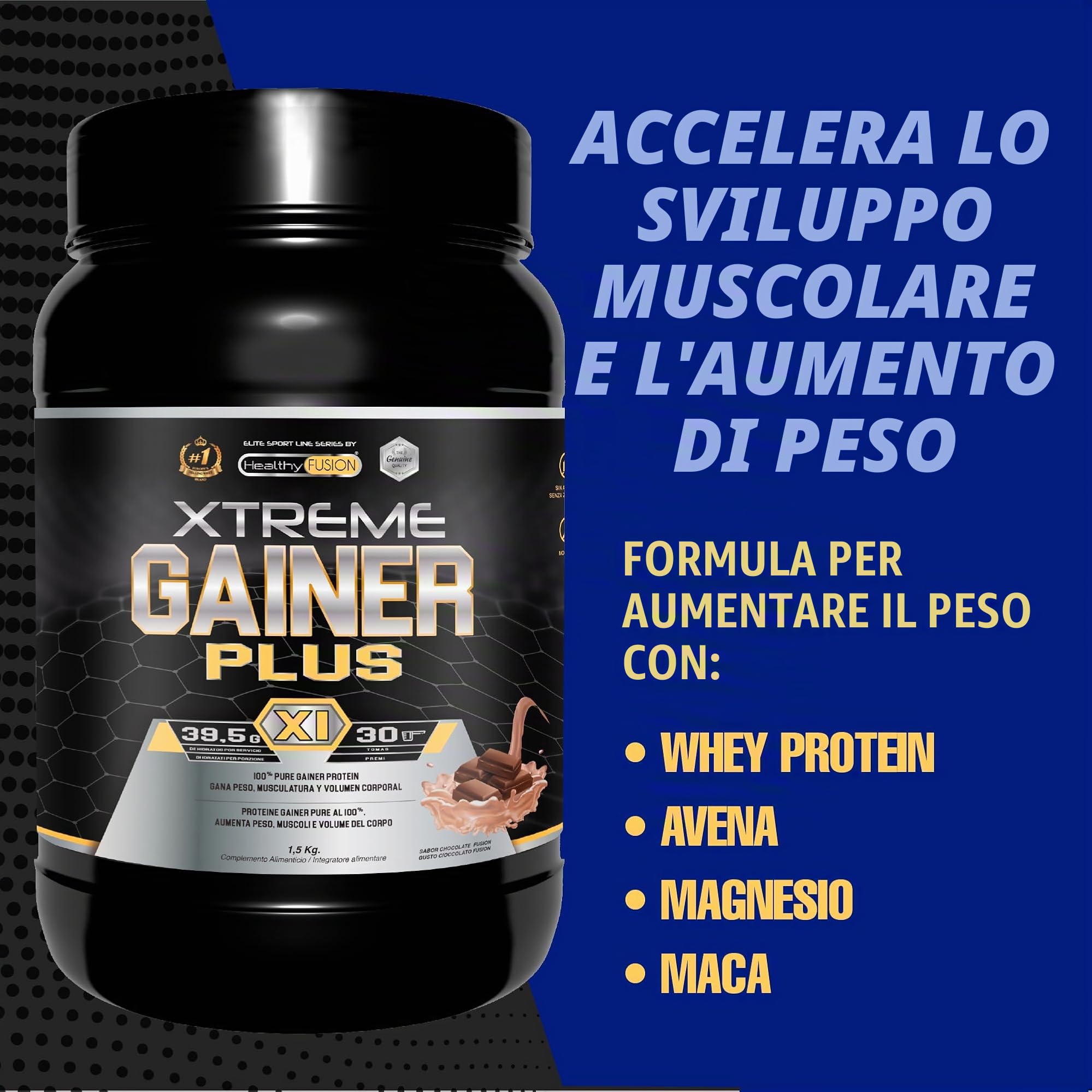 Healthy Fusion Extreme Gainer | Con Proteine del Siero del Latte, Magnesio, Farina d'avena e Maca | Aumentatore di peso | Pre e post-allenamento | Cioccolato 1,5kg