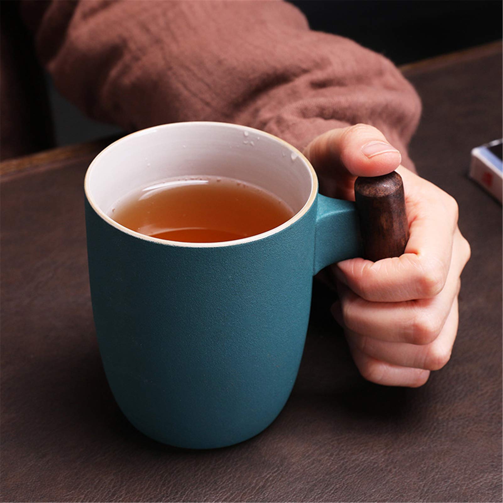 Teetasse Mit Deckel Sieb Und Holzgriff 400ml Porzellan Teebecher, Plastikfrei Cup Keramikbecher Set Zum Einweichen Von Losen Tee, Für Büro, Zuhause Oder Geschenk (Dunkelgrün)
