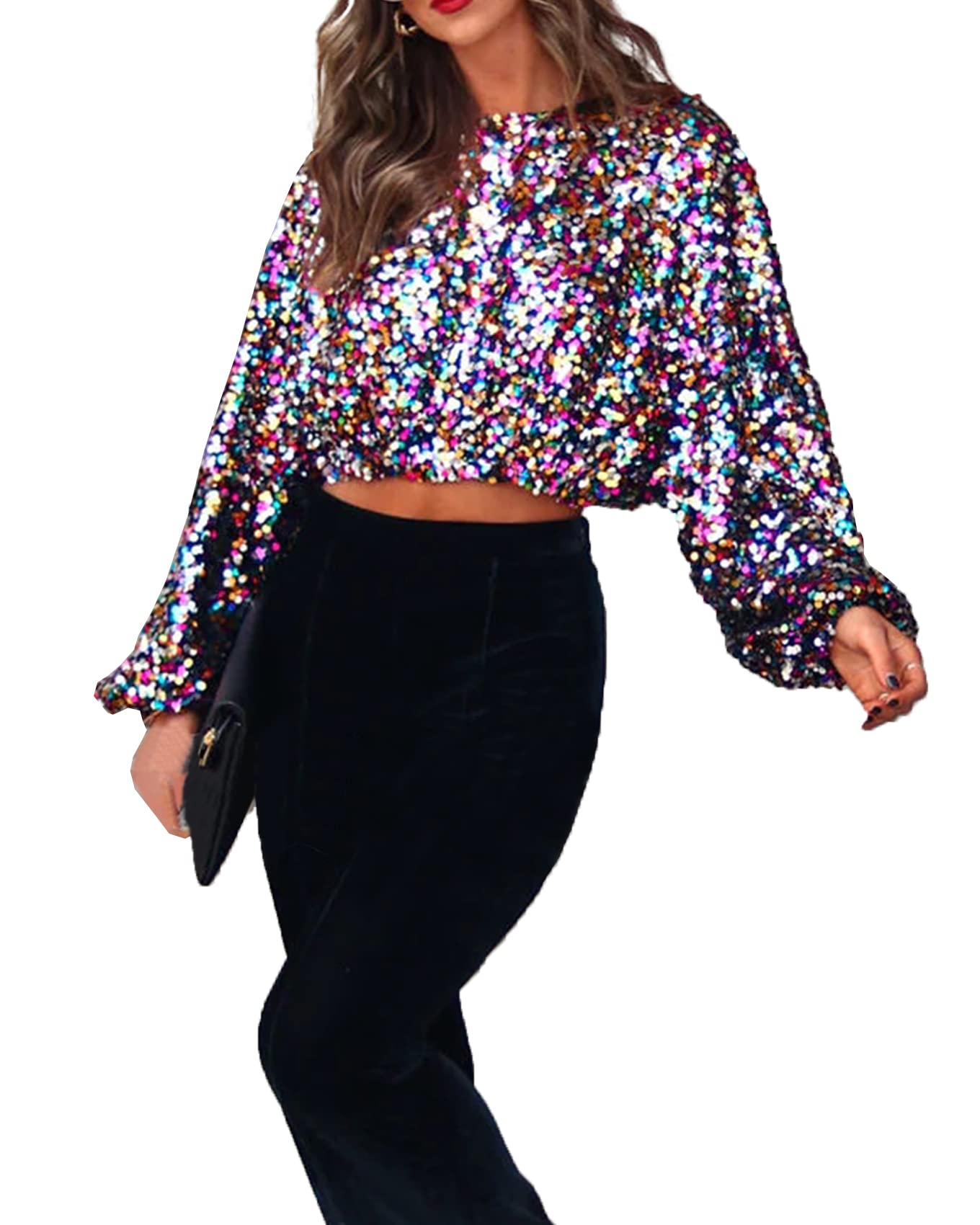 Spshodowwomen Sequin Top Balloon Long Sleeve Glitter Party Top