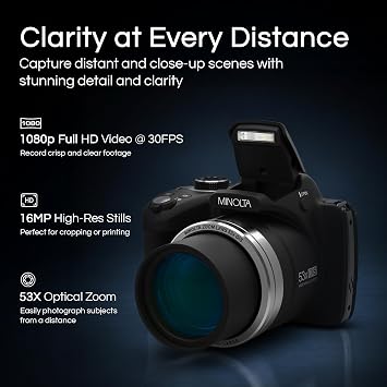 Minolta Pro Shot 16MP HD Digital Camera 53x Optical Zoom, 1080p Full HD Video, Optical Stabilization, 3-inch LCD, Panorama, HDR, Face Detection, Smart Modes, 16GB Card (Black)