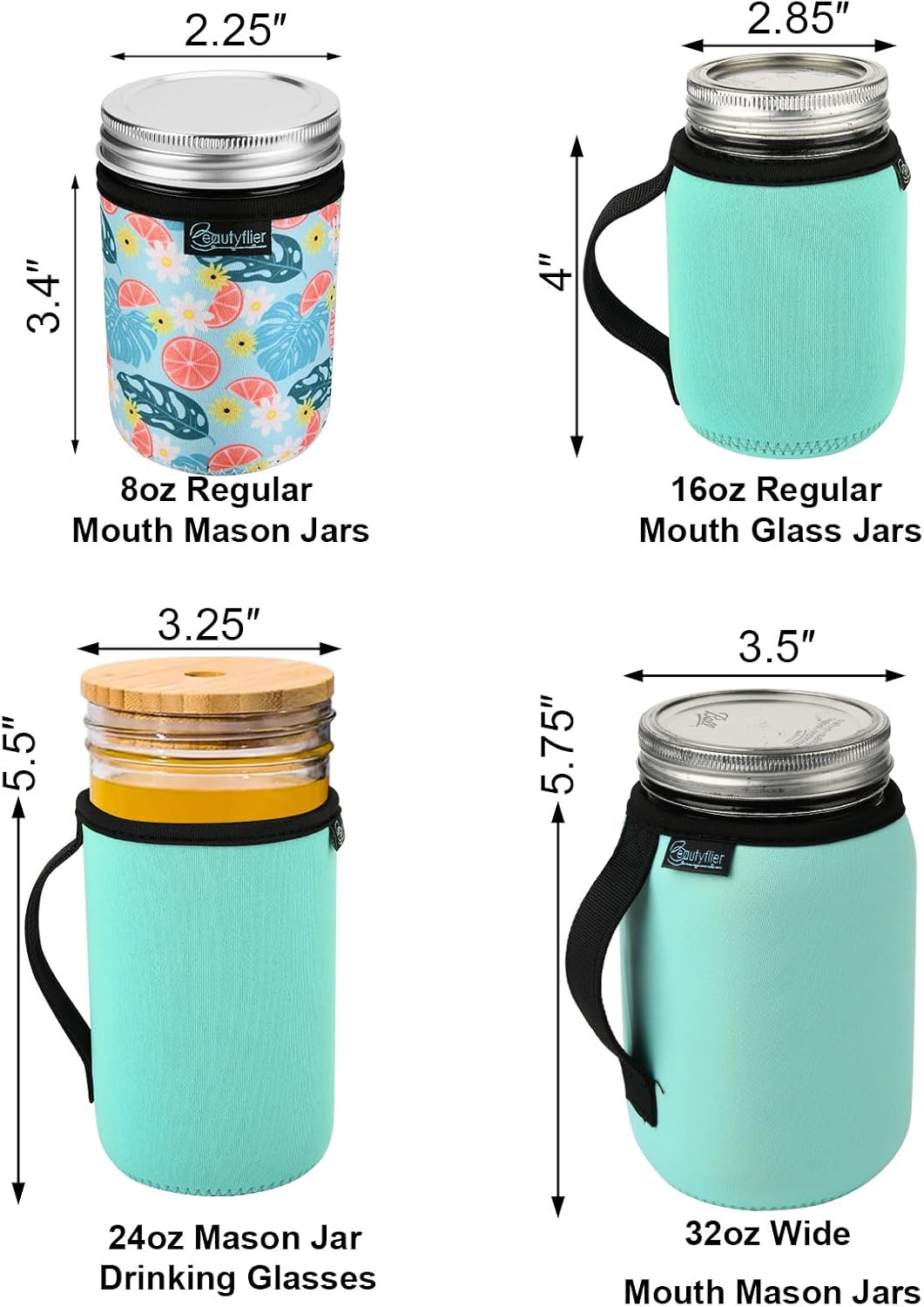 Beautyflier Mason Jar 8 ozSleeves, Insulated Protectors for Half Pint Regular Mouth Mason Jar, Mason Jar Neoprene Sleeve for Glass Canning Jars for Jelly, Jam, Honey, Meal Prep, DIY Candles Decor