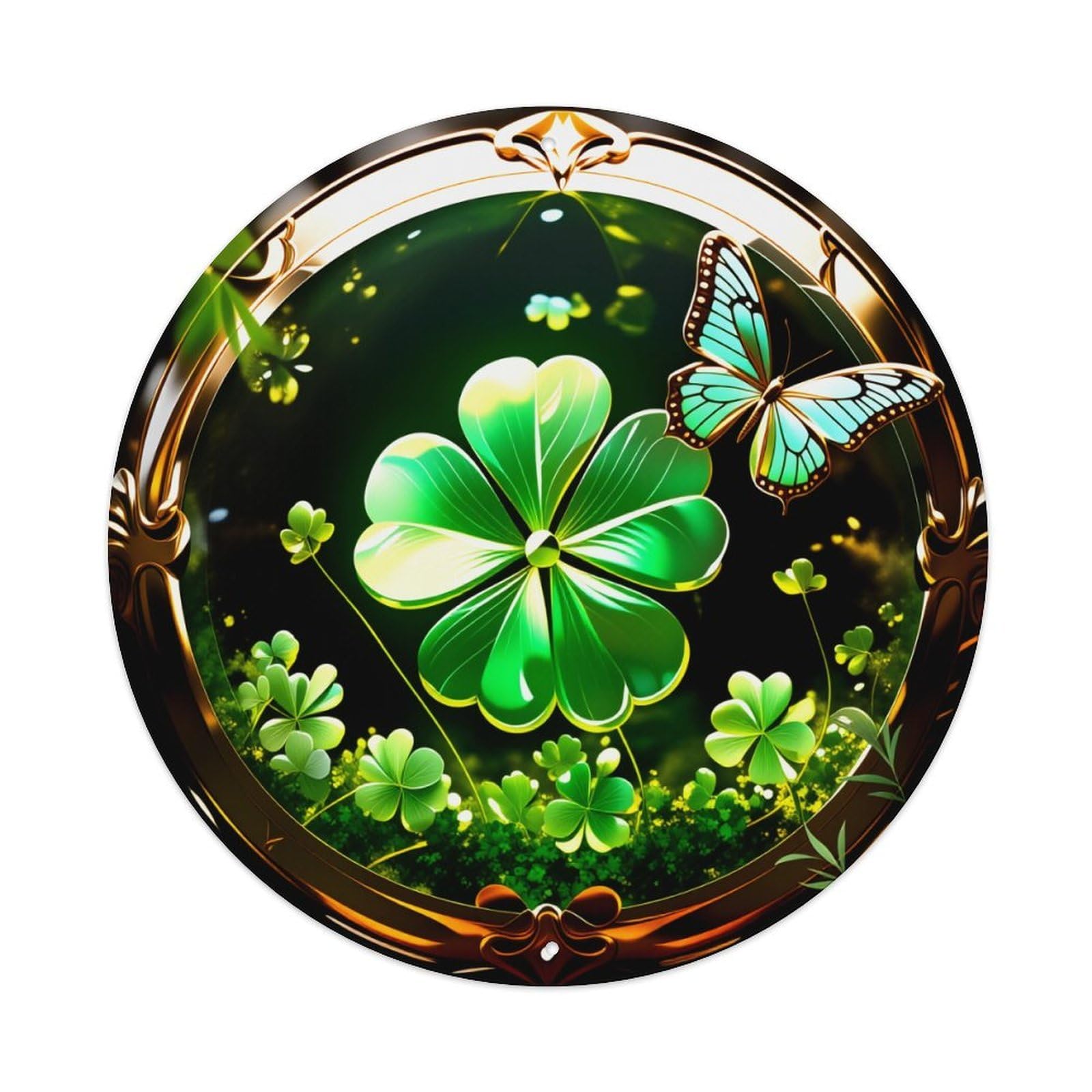 Four Leaf Clover Butterfly Garden Art Round Vintage Tin Sign,Retro Wall Art,Metal Poster for Home, Bar, Garage, Cafe, Rustic Indoor & Outdoor Decor, 8x8 Inches