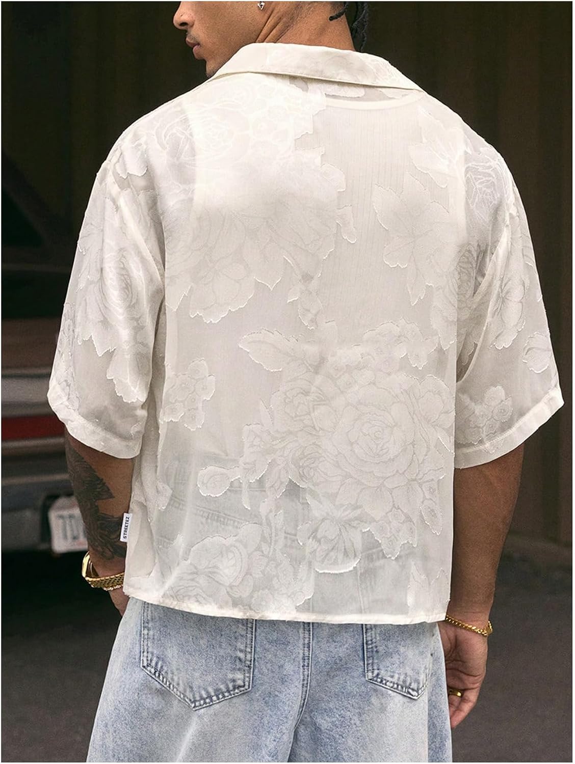 GORGLITTER Men's Cropped Shirt Button Up Floral Sheer Mesh Short Sleeve Boxy Collared Loose Casual Boho Streetwear