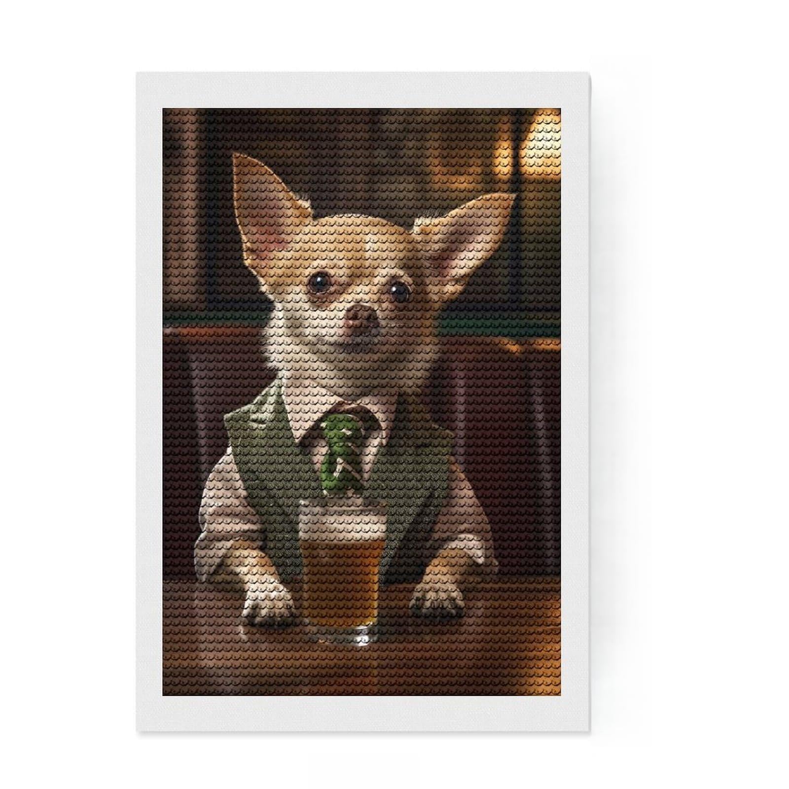 Junmoney Chihuahua Dog in The Pub 5D Diamond Painting Kit 8"x12", Round Gems, Festive Craft Gift, Fun Craft Activity, Modern Decor, for Adults