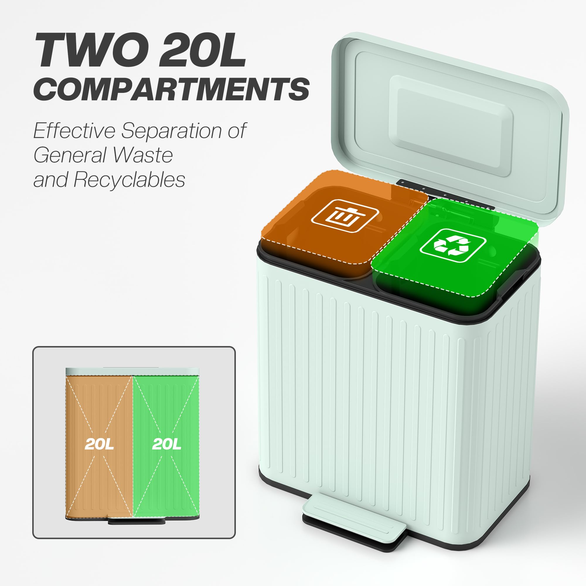 HOMCOM Cubo cocina doble 2x20L, antihuellas, tapa cierre suave, verde | Cubo doble para reciclaje y residuos, cubos interiores extraíbles, bolsas de basura