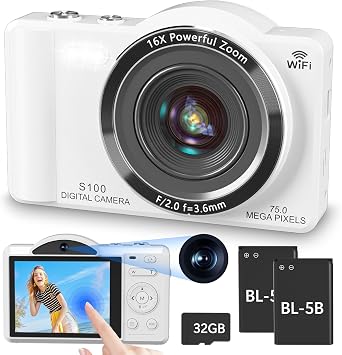 4K Digital Camera for Photography, Vlogging Cameras for YouTube with WiFi, Autofocus Touchscreen Point and Shoot Digital Camera for Beginner with 16X Zoom, 32GB Card, 2 Batteries, White