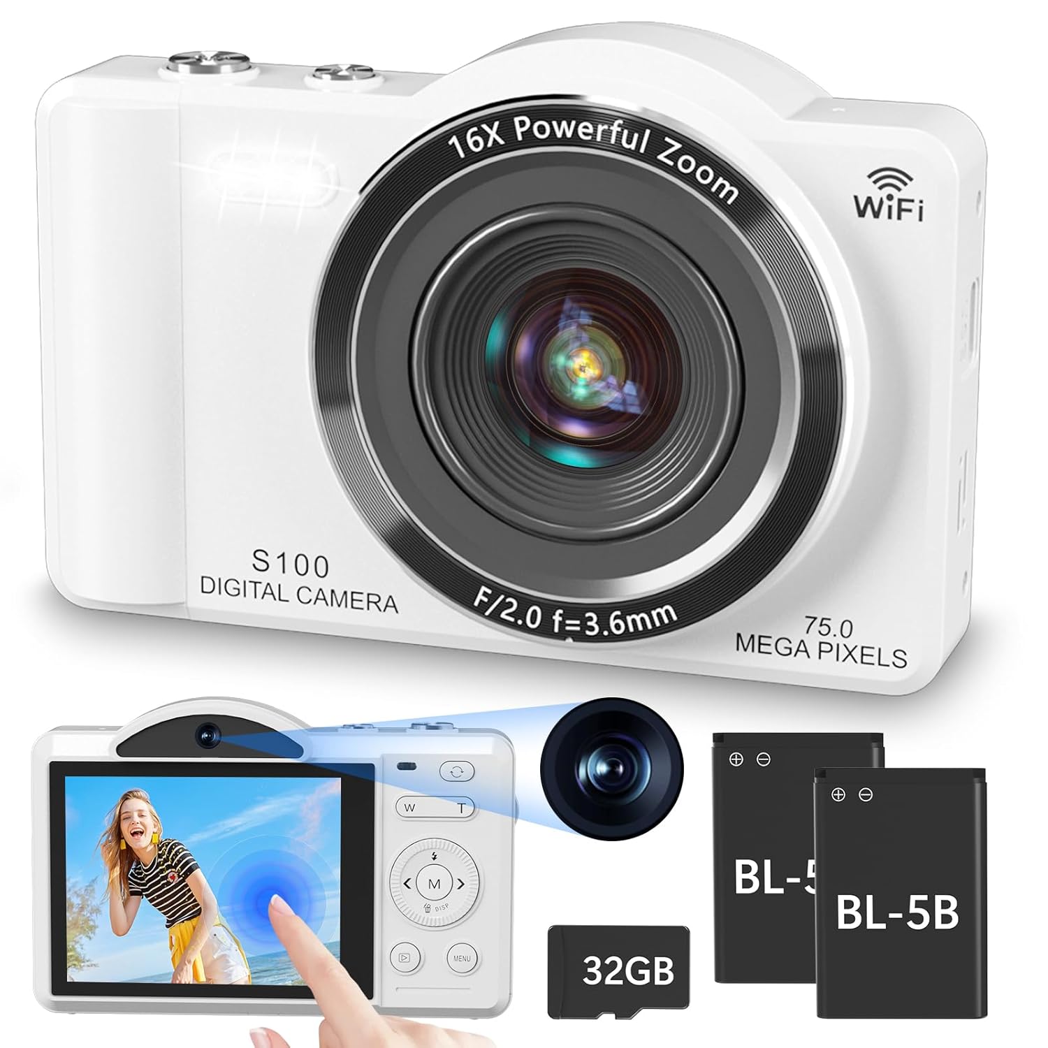 Digital Camera for Photography – WiFi 4K 75MP Vlogging Cameras for YouTube, Touchscreen Autofocus Point and Shoot Digital Camera for Teens Adult Beginner with 16X Zoom, 32GB Card, 2 Batteries(White) Digital Camera for Photography – WiFi 4K 75MP Vlogging Cameras for YouTube, Touchscreen Autofocus Point and Shoot Digital Camera for Teens Adult Beginner with 16X Zoom, 32GB Card, 2 Batteries(White)