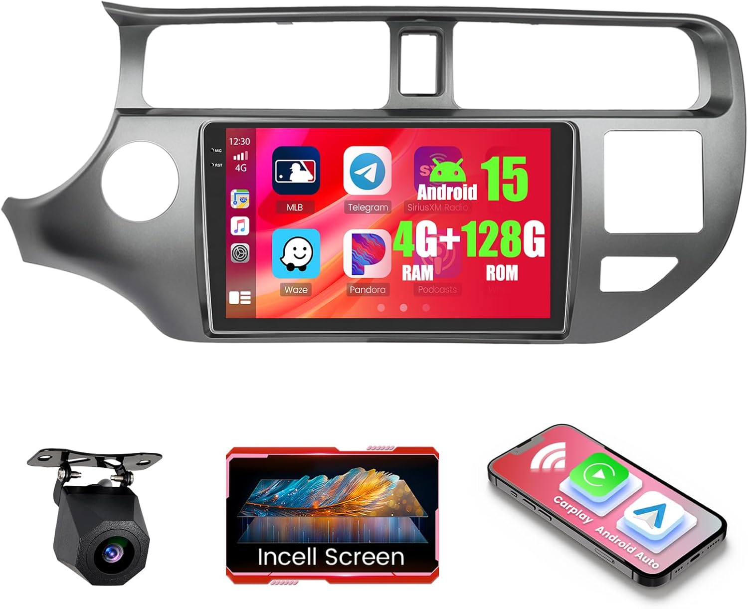 4+128GB Android 15 Car Radio for Kia Rio 2012 2013 2014 Wireless Carplay Android Auto, 9" 1280 * 720P in-Cell Touch Screen Car Stereo WiFi Bluetooth GPS FM/RDS EQ Backup Camera MIC