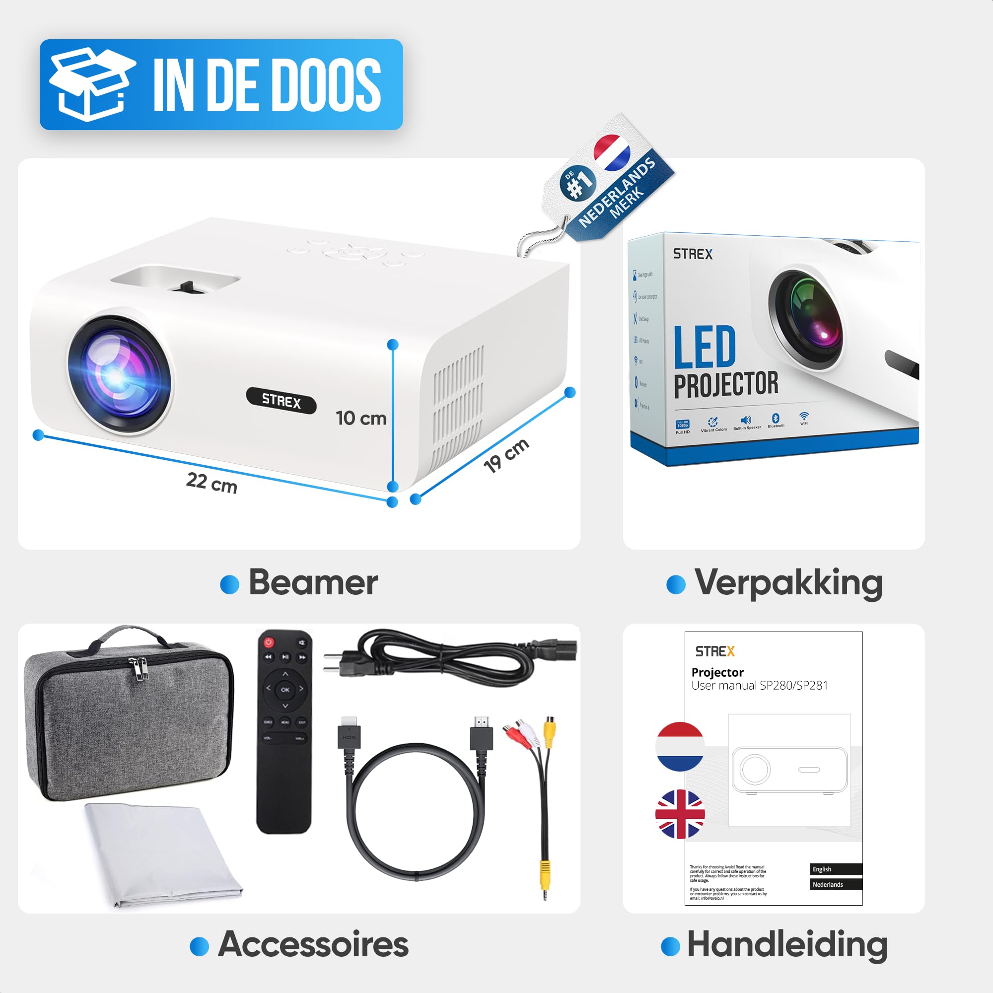 Strex Proiettore - 1080P Full HD - 15000 Lumen - Streaming Wireless - Include Borsa/Schermo di proiezione - WiFi - Bluetooth - Mini proiettore - Proiettore